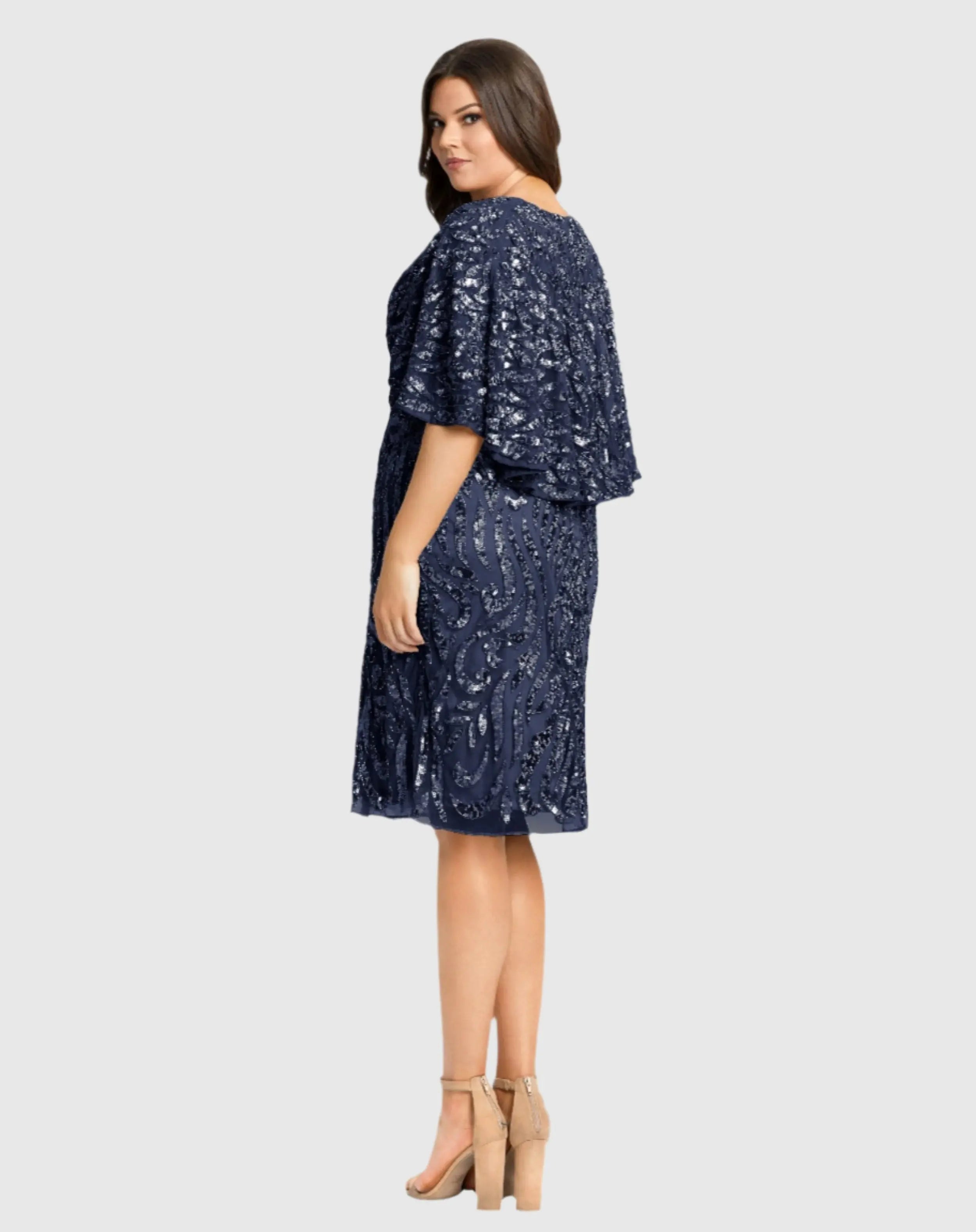 Navy Embellished Cape Sleeve Cocktail Dress (Plus) - Mac Duggal