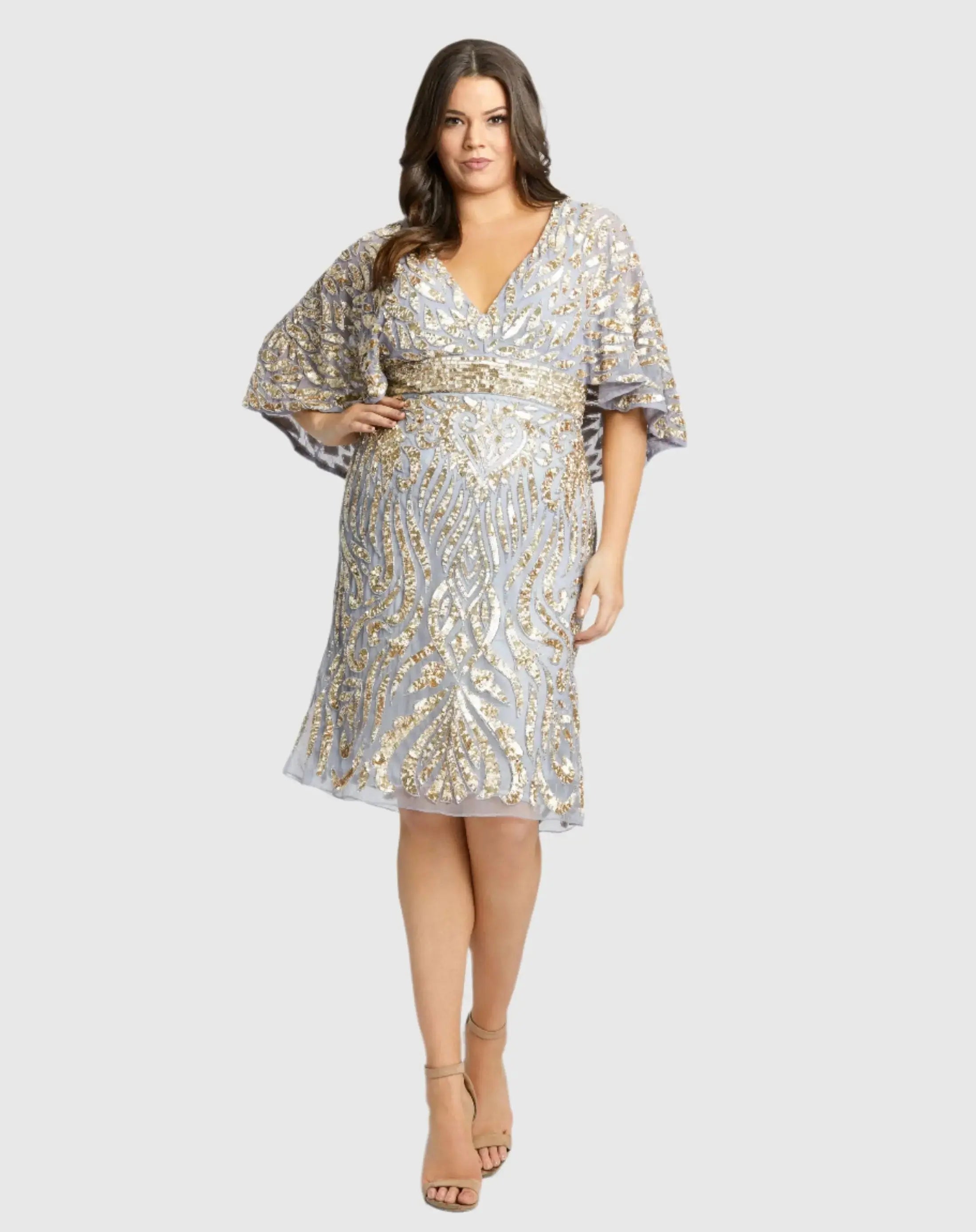 Gray Embellished Cape Sleeve Cocktail Dress (Plus) - Mac Duggal