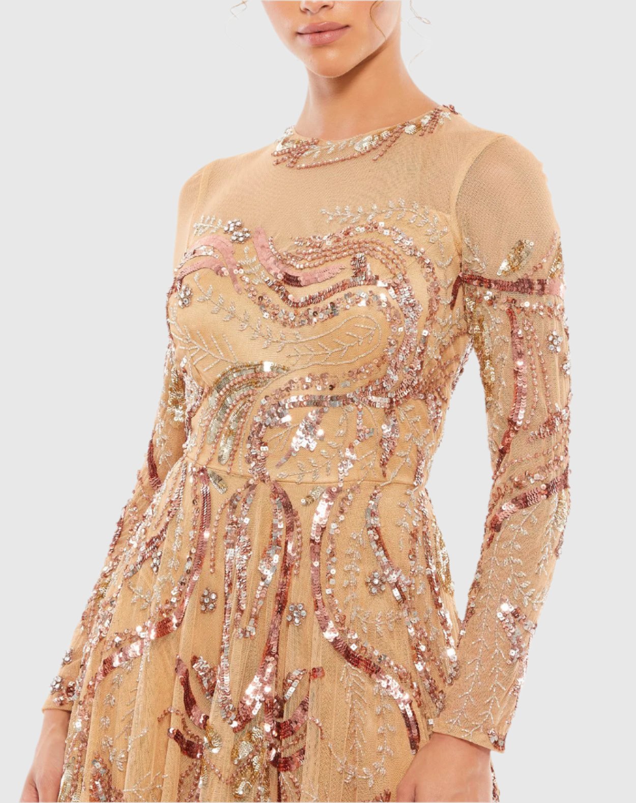 Long Sleeve Embellished Illusion Evening Gown