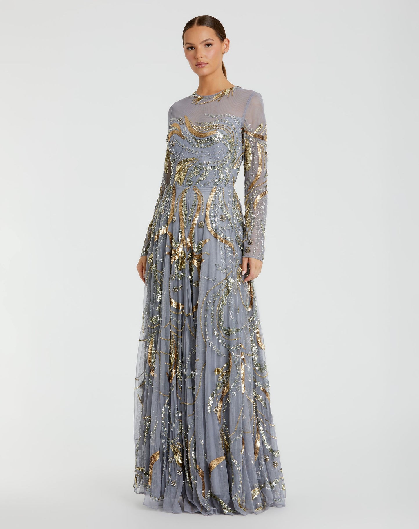 Long Sleeve Embellished Illusion Evening Gown