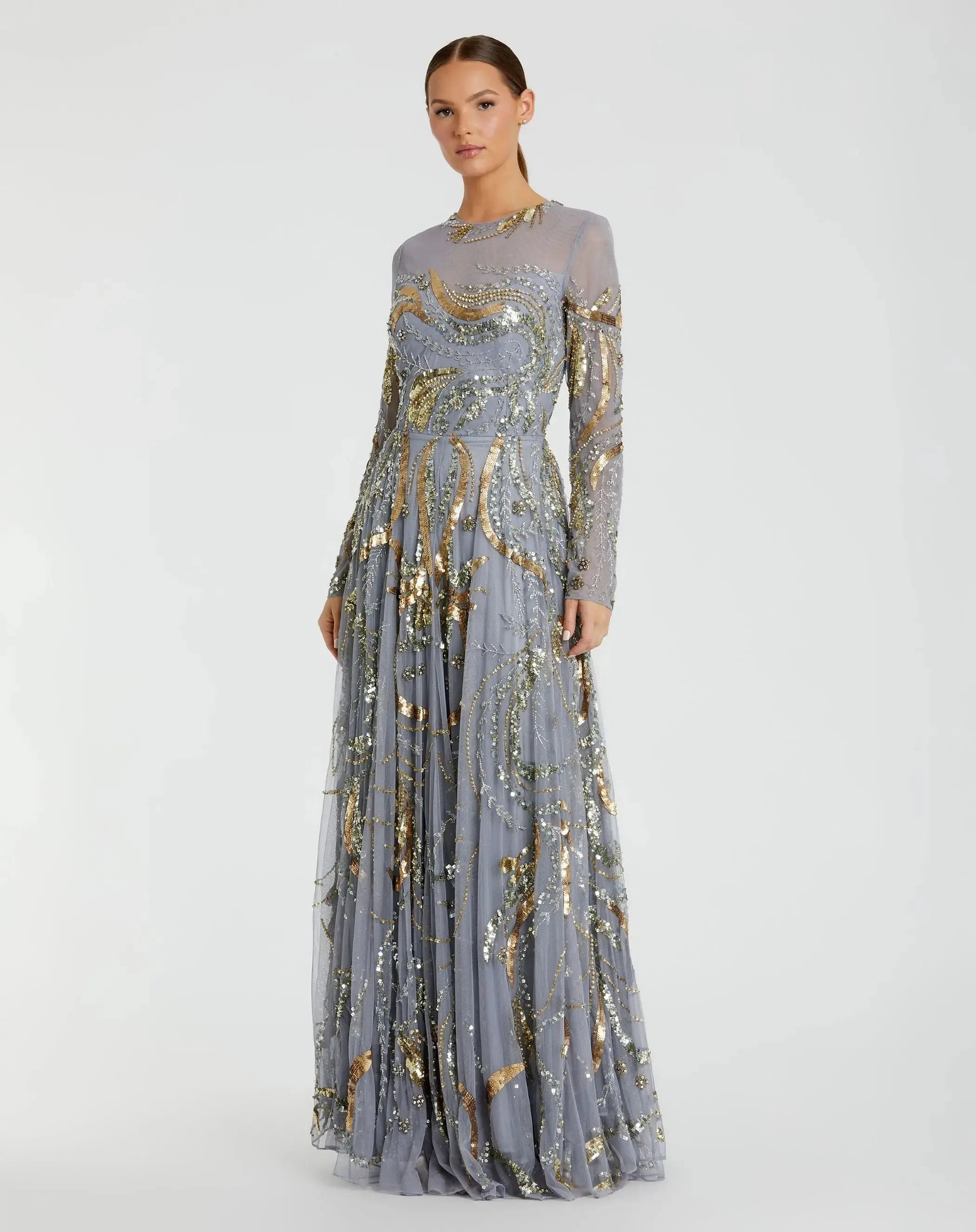 Long Sleeve Embellished Illusion Evening Gown Mac Duggal