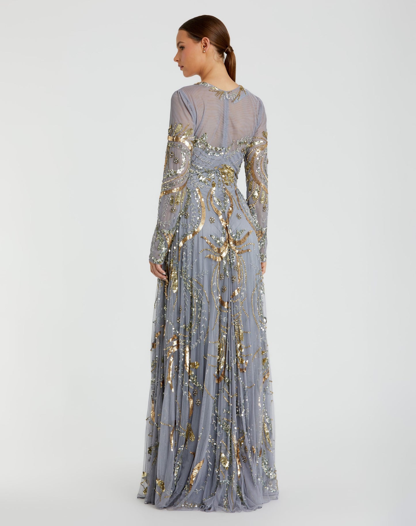 Long Sleeve Embellished Illusion Evening Gown