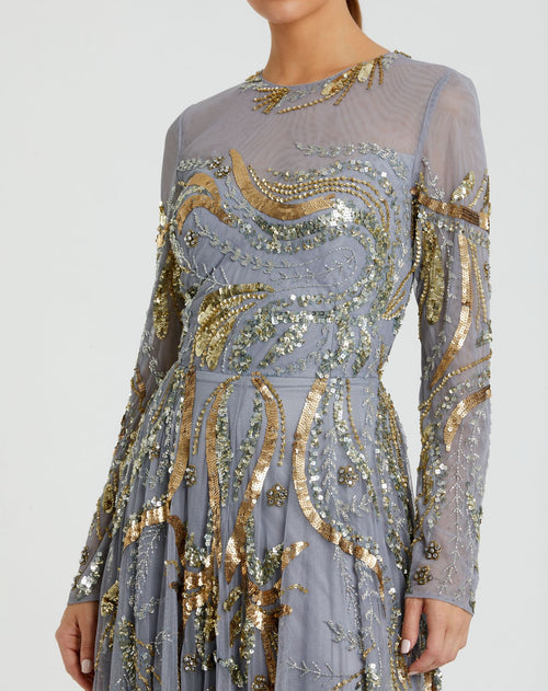 Long Sleeve Embellished Illusion Evening Gown