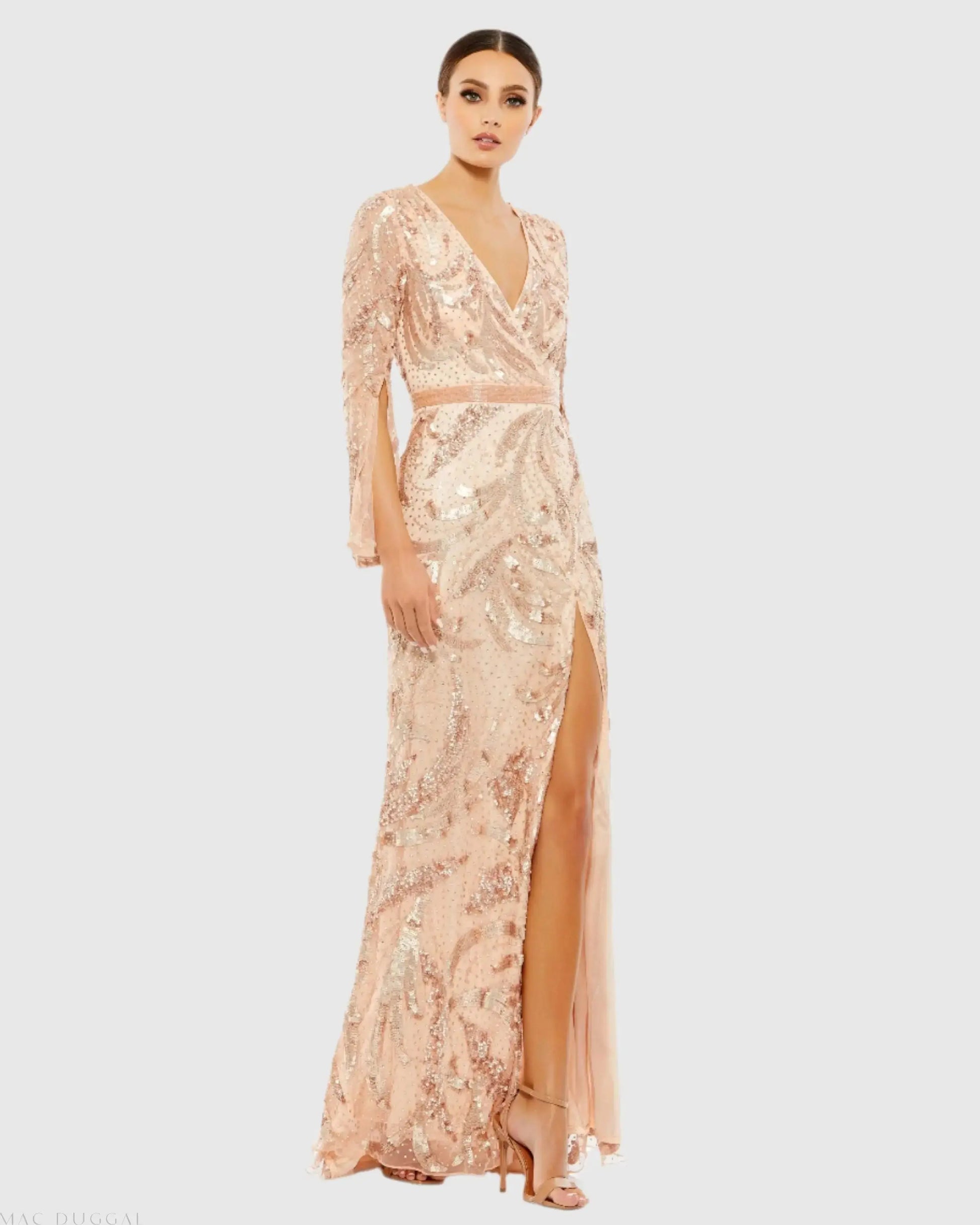 Pink Sequined Faux Wrap Split Long Sleeve Gown - Mac Duggal Pink Sequined Faux Wrap Split Long Sleeve Gown - Mac Duggal