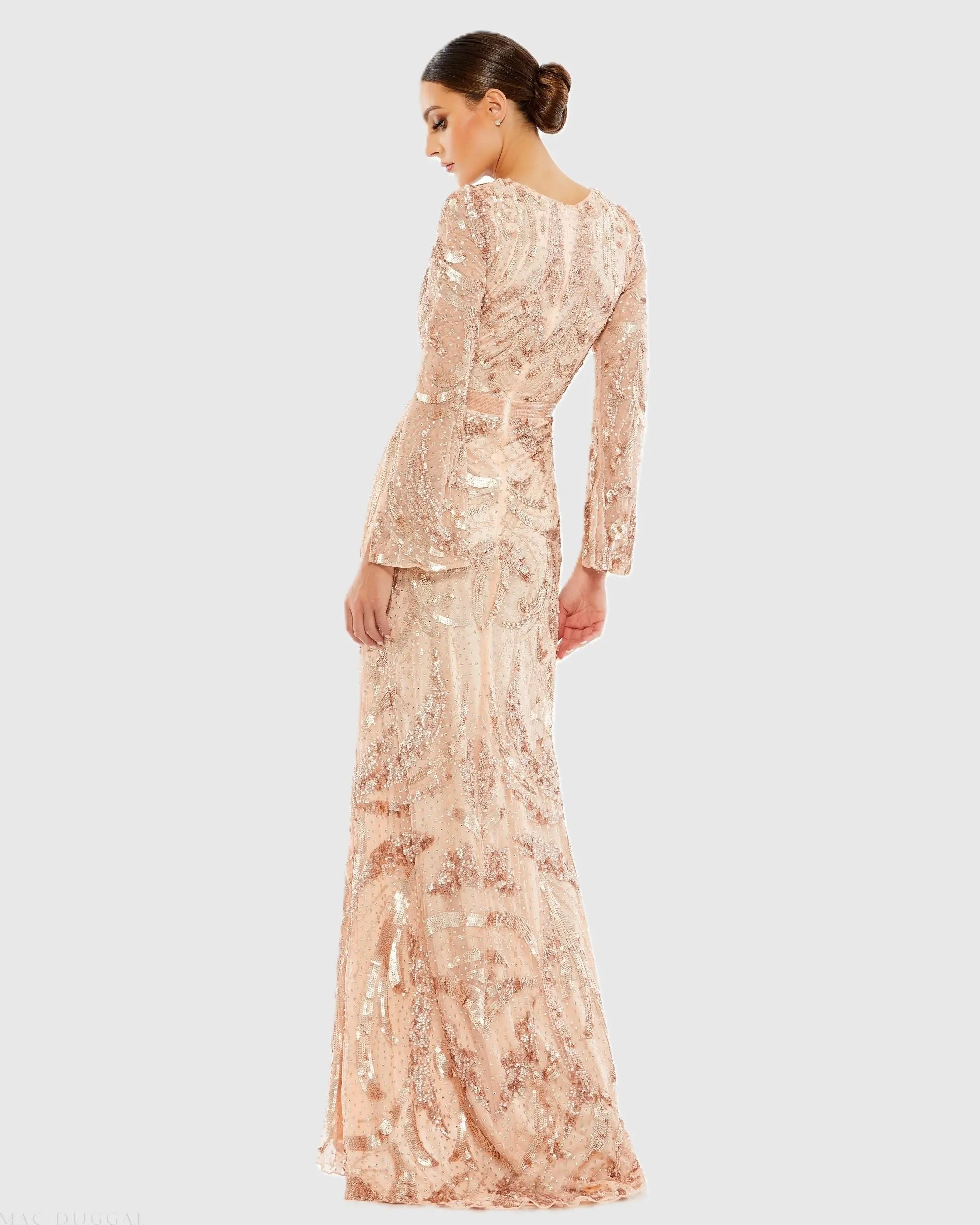 Pink Sequined Faux Wrap Split Long Sleeve Gown - Mac Duggal