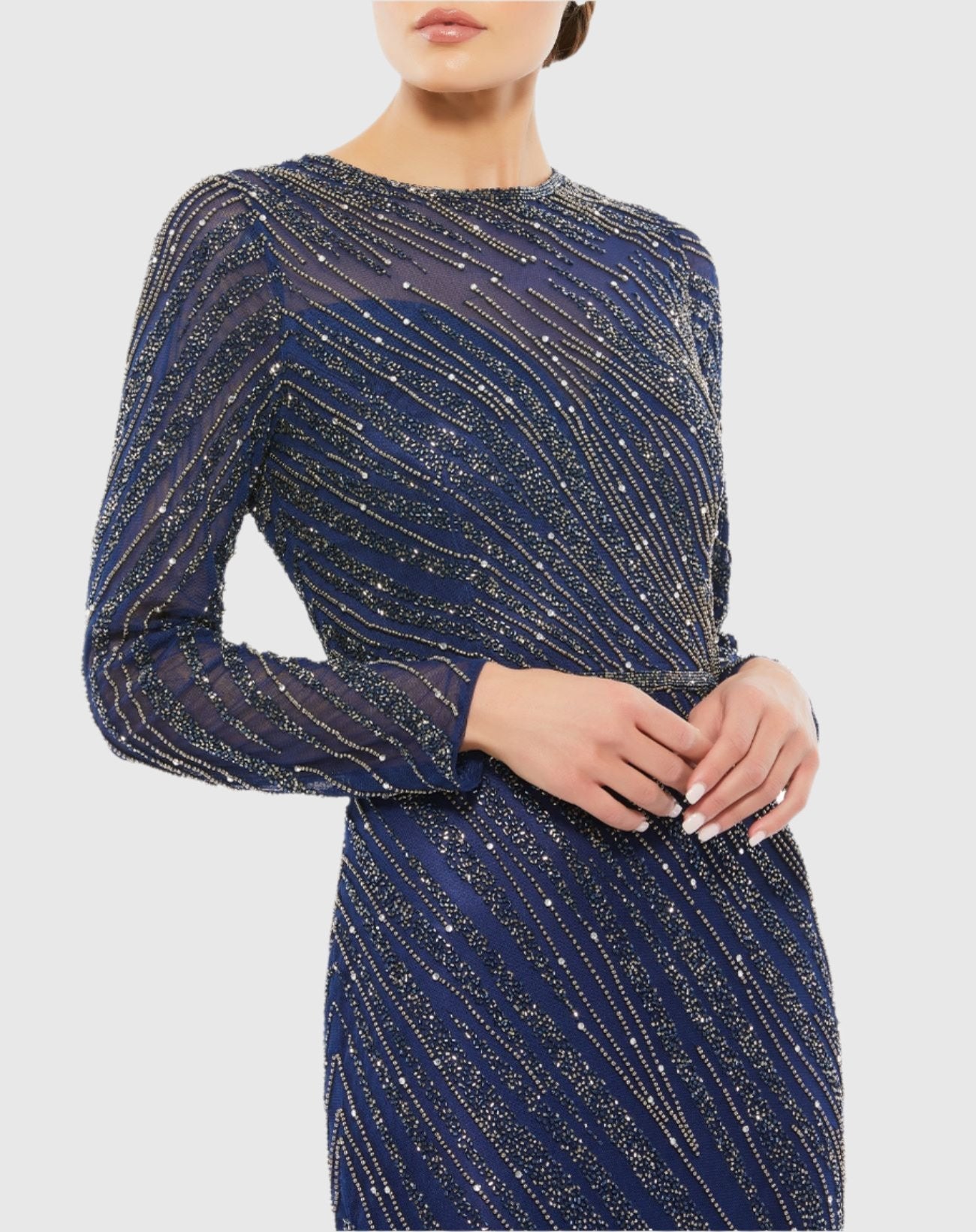 Navy Long Sleeve Beaded Column Gown - Mac Duggal