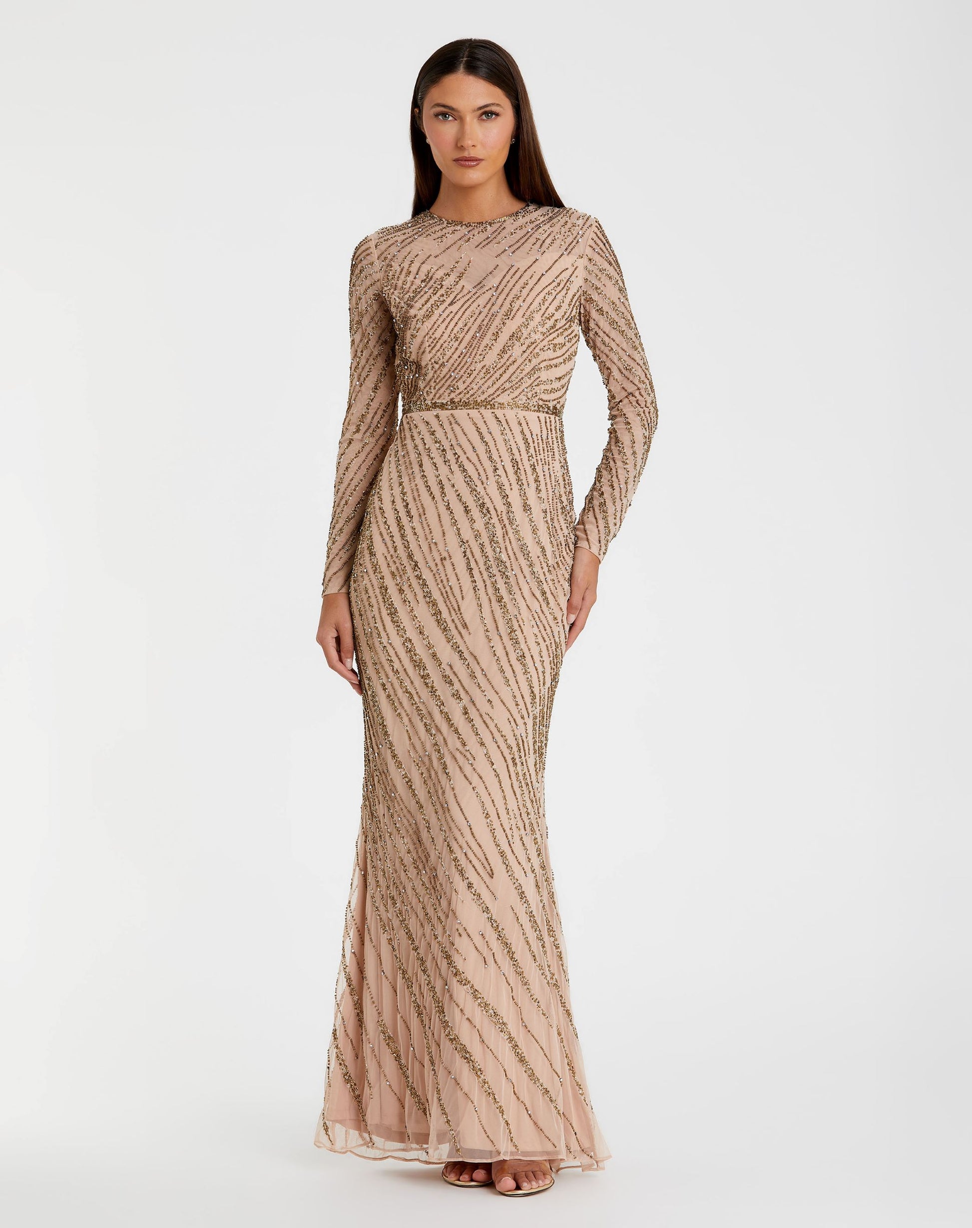 Long Sleeve Beaded Column Gown