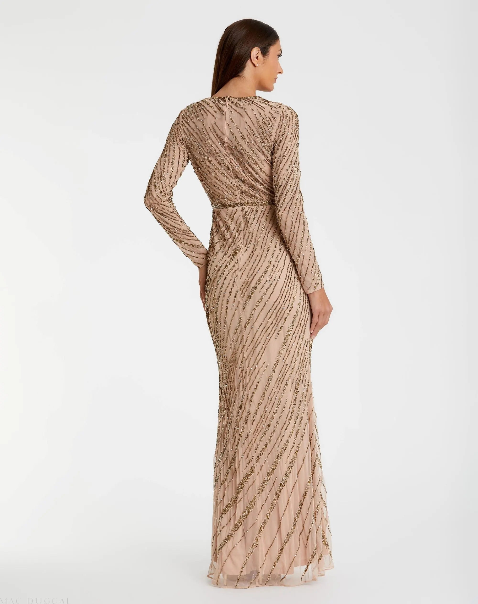 Beige Long Sleeve Beaded Column Gown - Mac Duggal