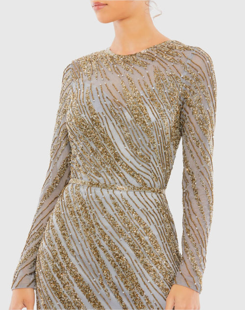 Gold Long Sleeve Beaded Column Gown