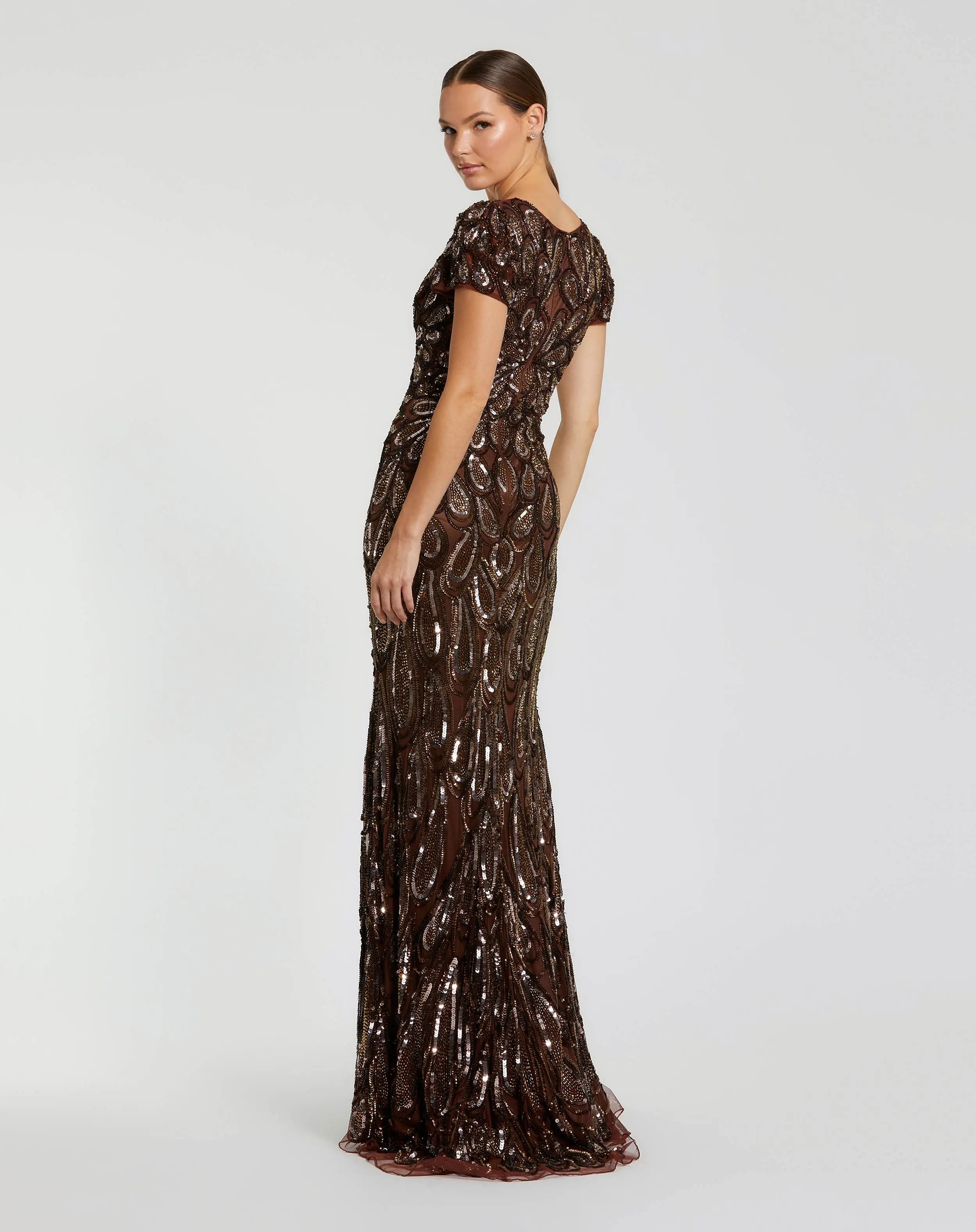 Brown Beaded Embellished V Neck Cap Sleeve Column Gown - Mac Duggal
