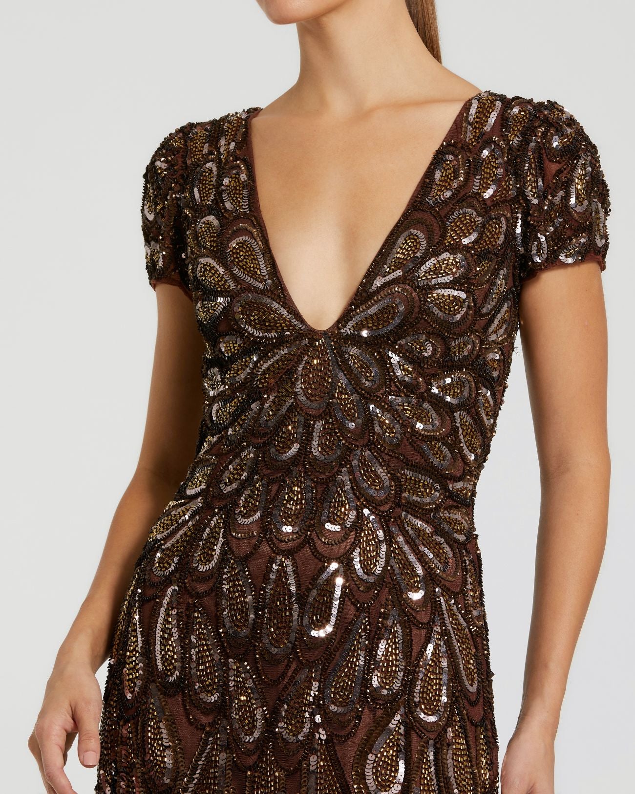 Brown Beaded Embellished V Neck Cap Sleeve Column Gown - Mac Duggal