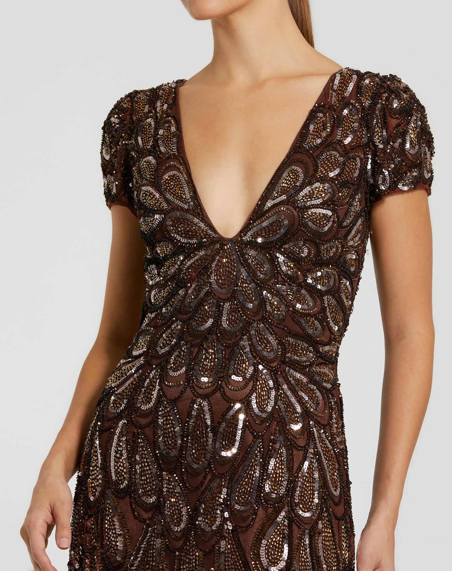 Brown Beaded Embellished V Neck Cap Sleeve Column Gown - Mac Duggal