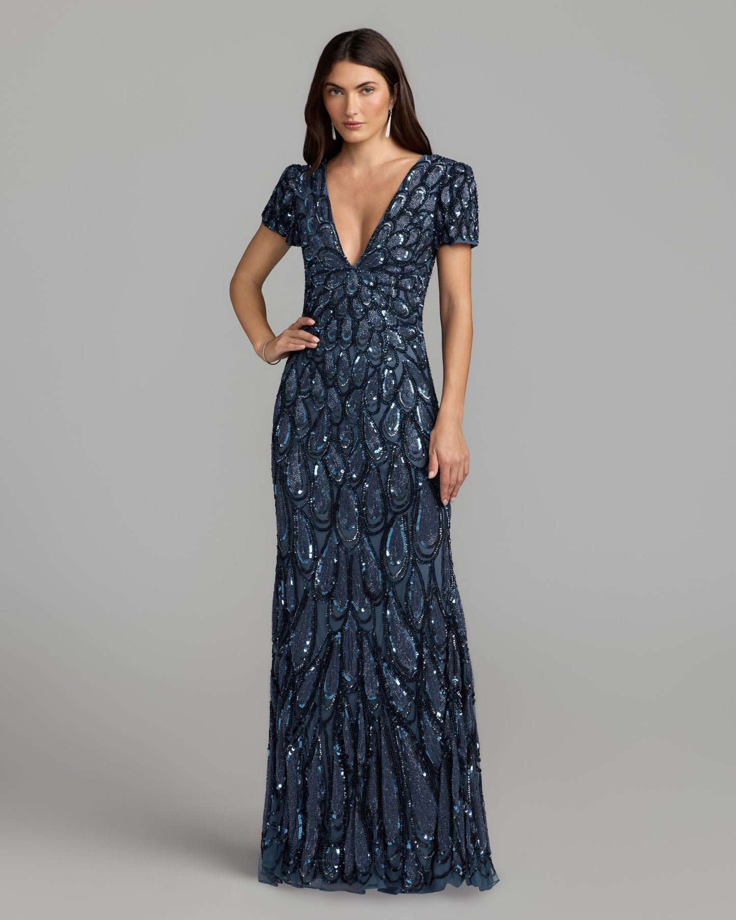 Blue Embellished Deep V Column Gown Mac Duggal