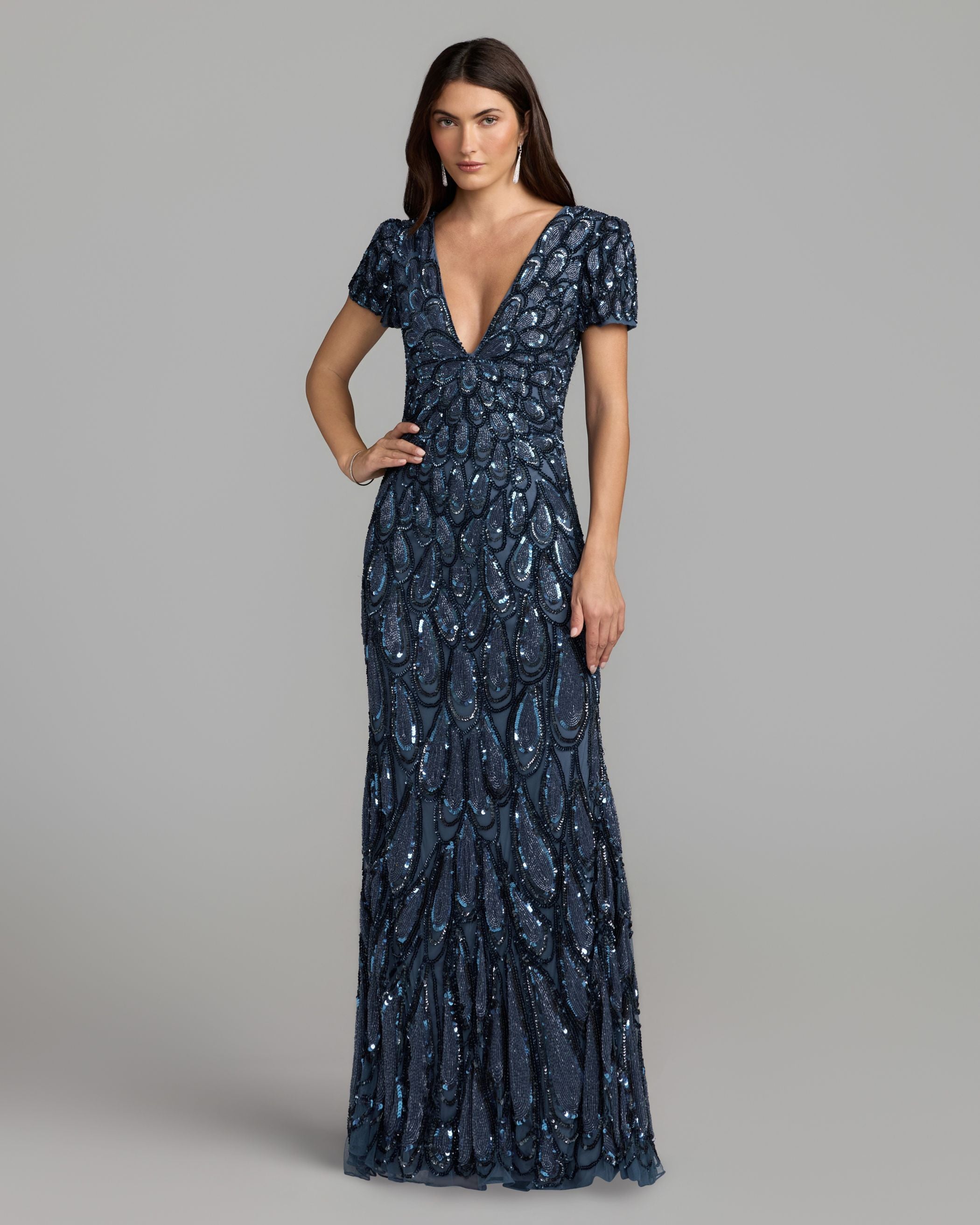 Blue Embellished Deep V Column Gown Mac Duggal