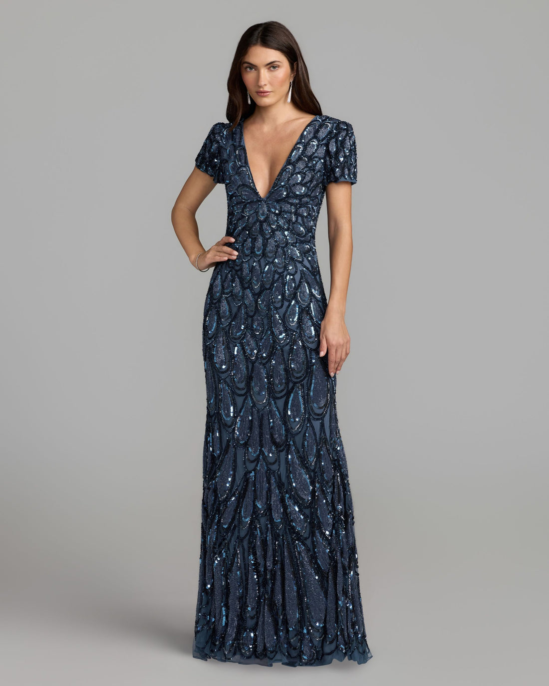 Blue Embellished Deep V Column Gown Mac Duggal