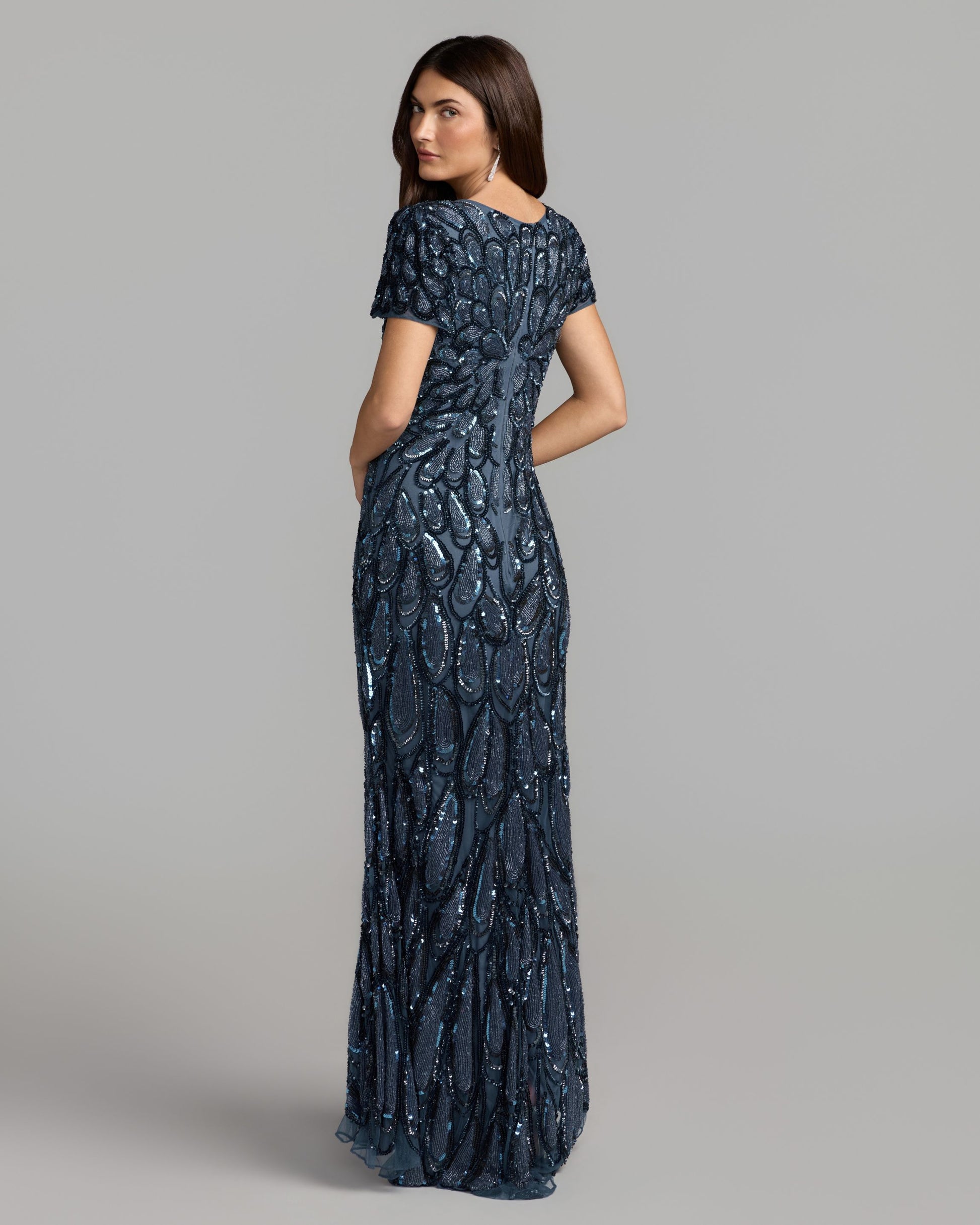 Blue Embellished Deep V Column Gown Mac Duggal