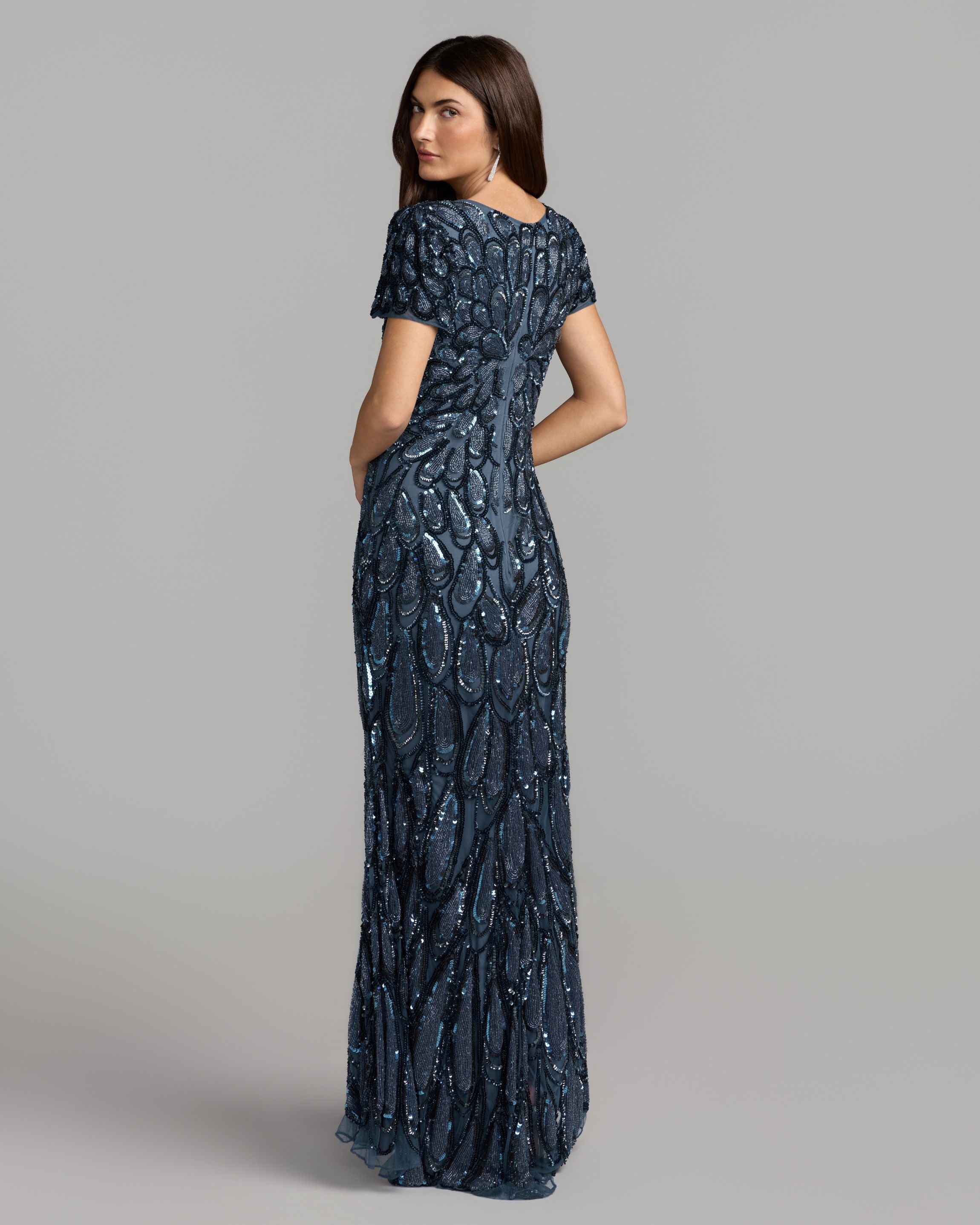 Blue Embellished Deep V Column Gown Mac Duggal