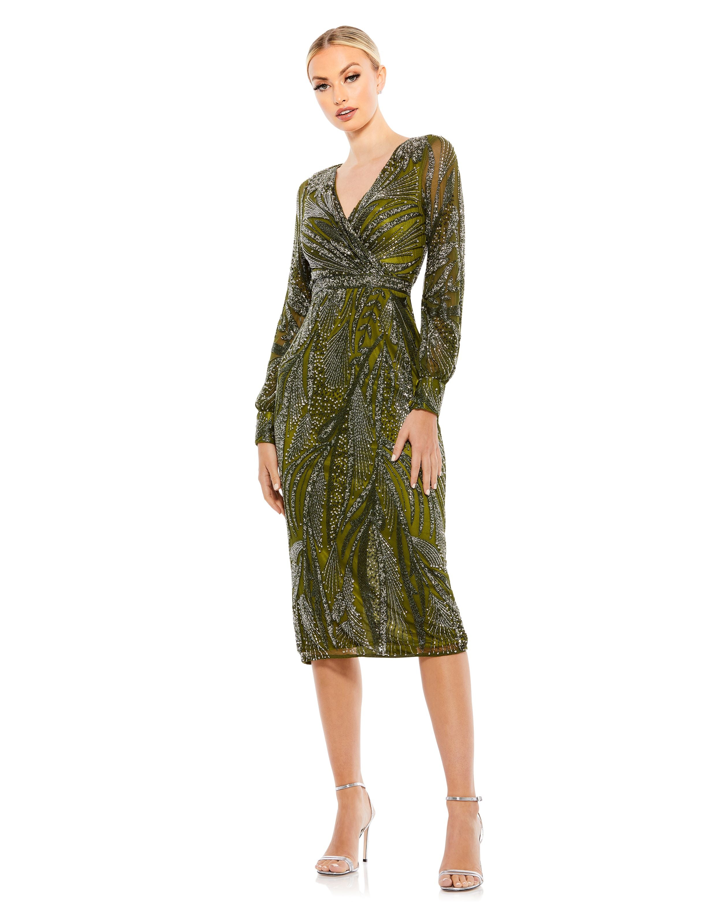 Beaded Long Sleeve Wrap Over Midi Dress | Sample | Sz. 4
