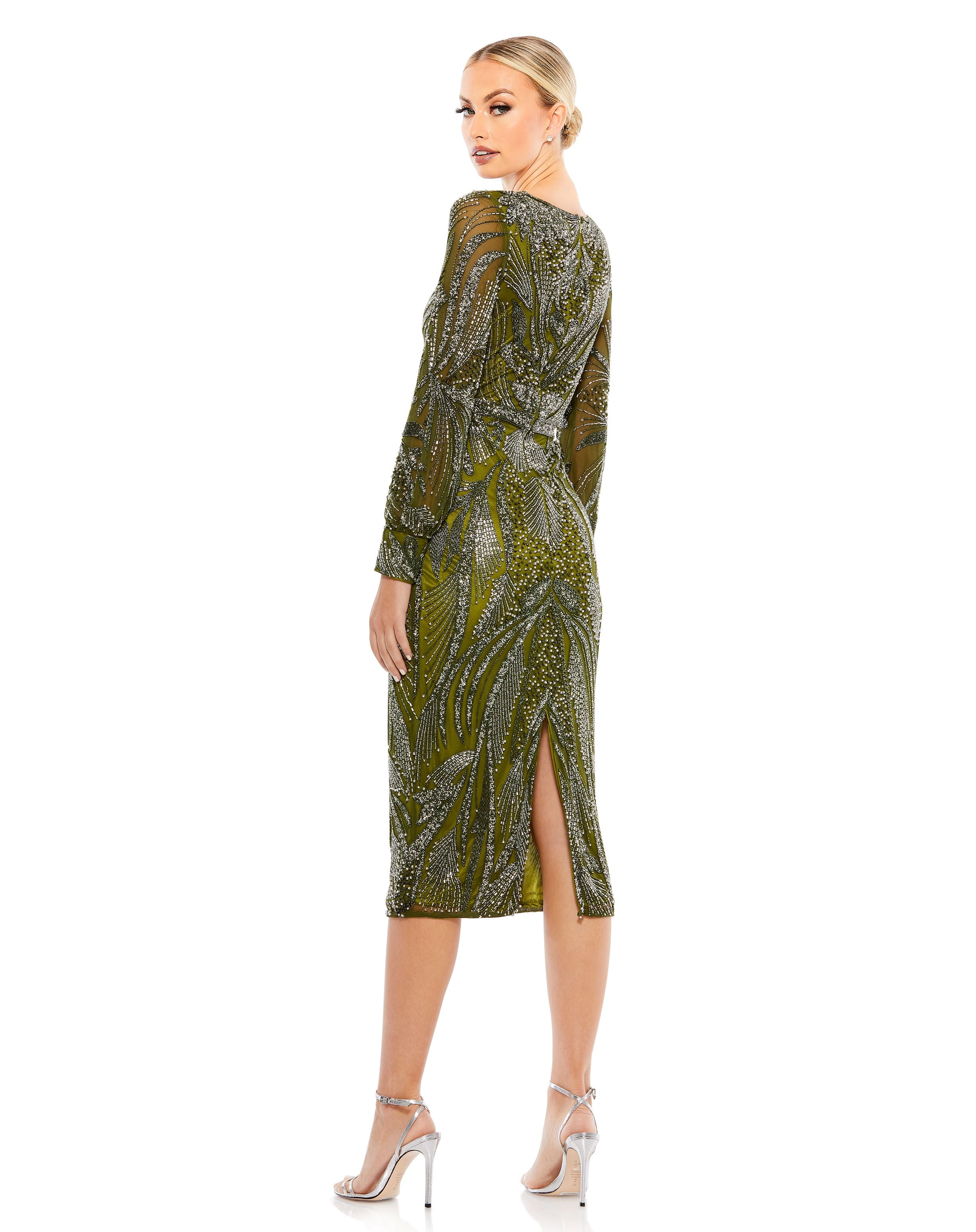 Beaded Long Sleeve Wrap Over Midi Dress | Sample | Sz. 4