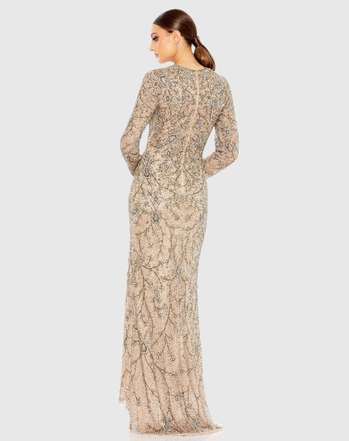 Two Tone Beaded High Neck Long Sleeve Gown