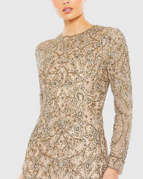 Two Tone Beaded High Neck Long Sleeve Gown