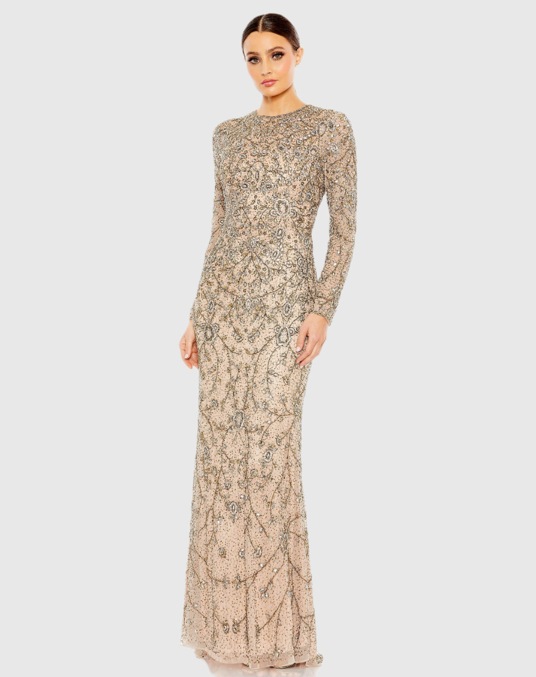 Two Tone Beaded High Neck Long Sleeve Gown