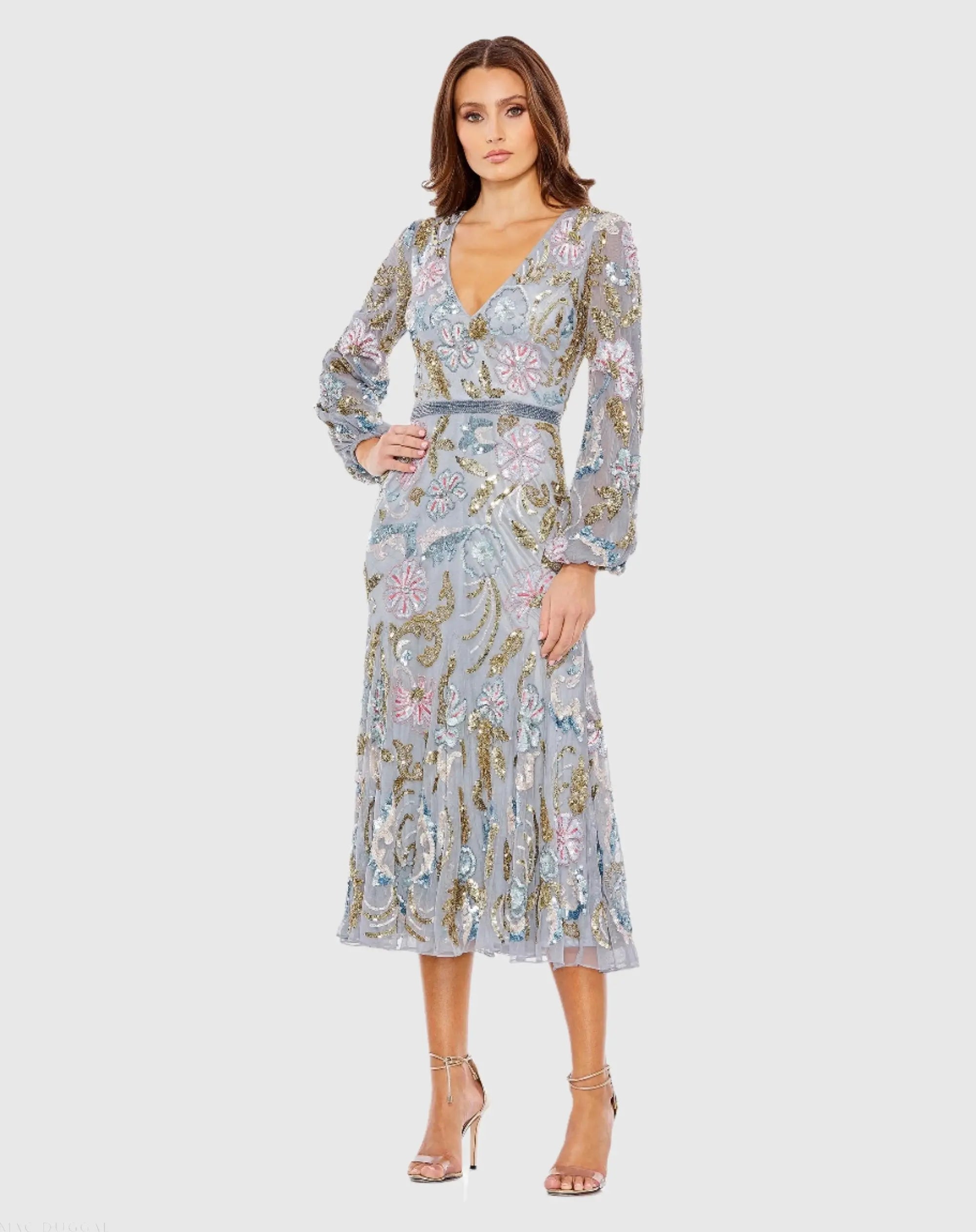 Gray Long Cuff Sleeve Embellished Midi Dress - Mac Duggal