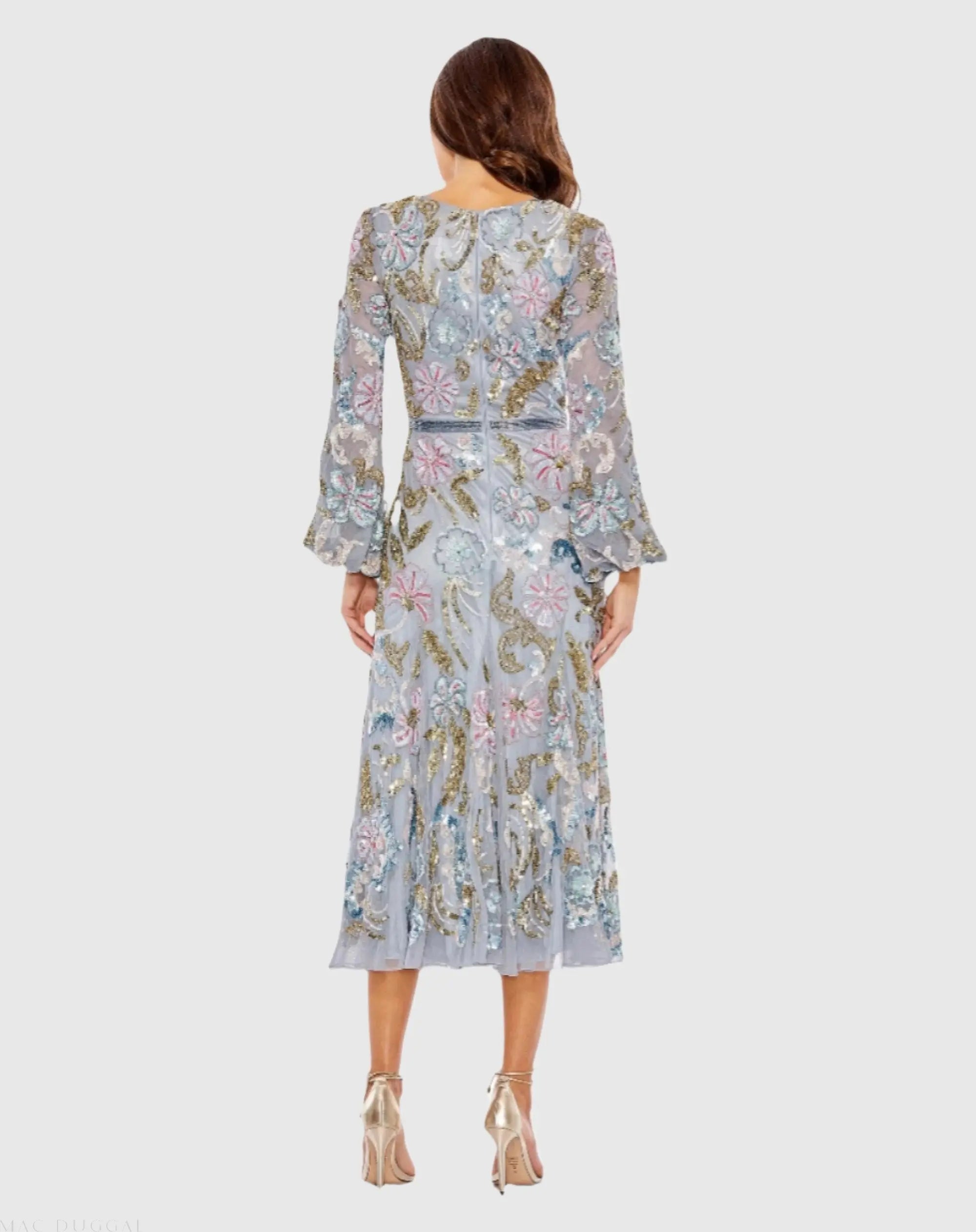 Gray Long Cuff Sleeve Embellished Midi Dress - Mac Duggal