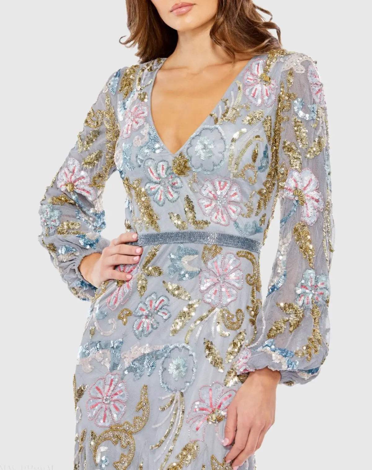 Long Cuff Sleeve Embellished Midi Dress - Mac Duggal Long Cuff Sleeve Embellished Midi Dress - Mac Duggal