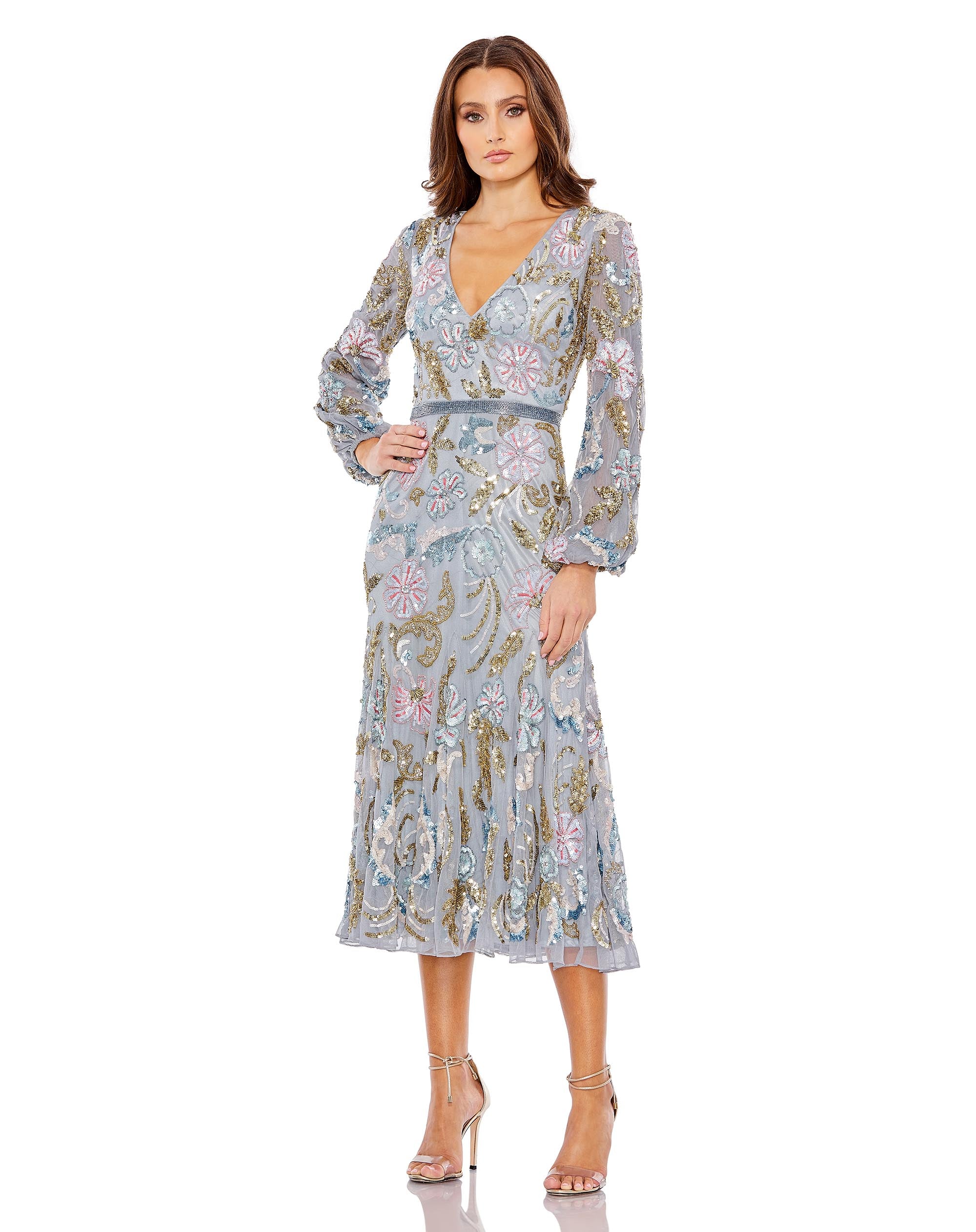 Long Cuff Sleeve Embellished Midi Dress