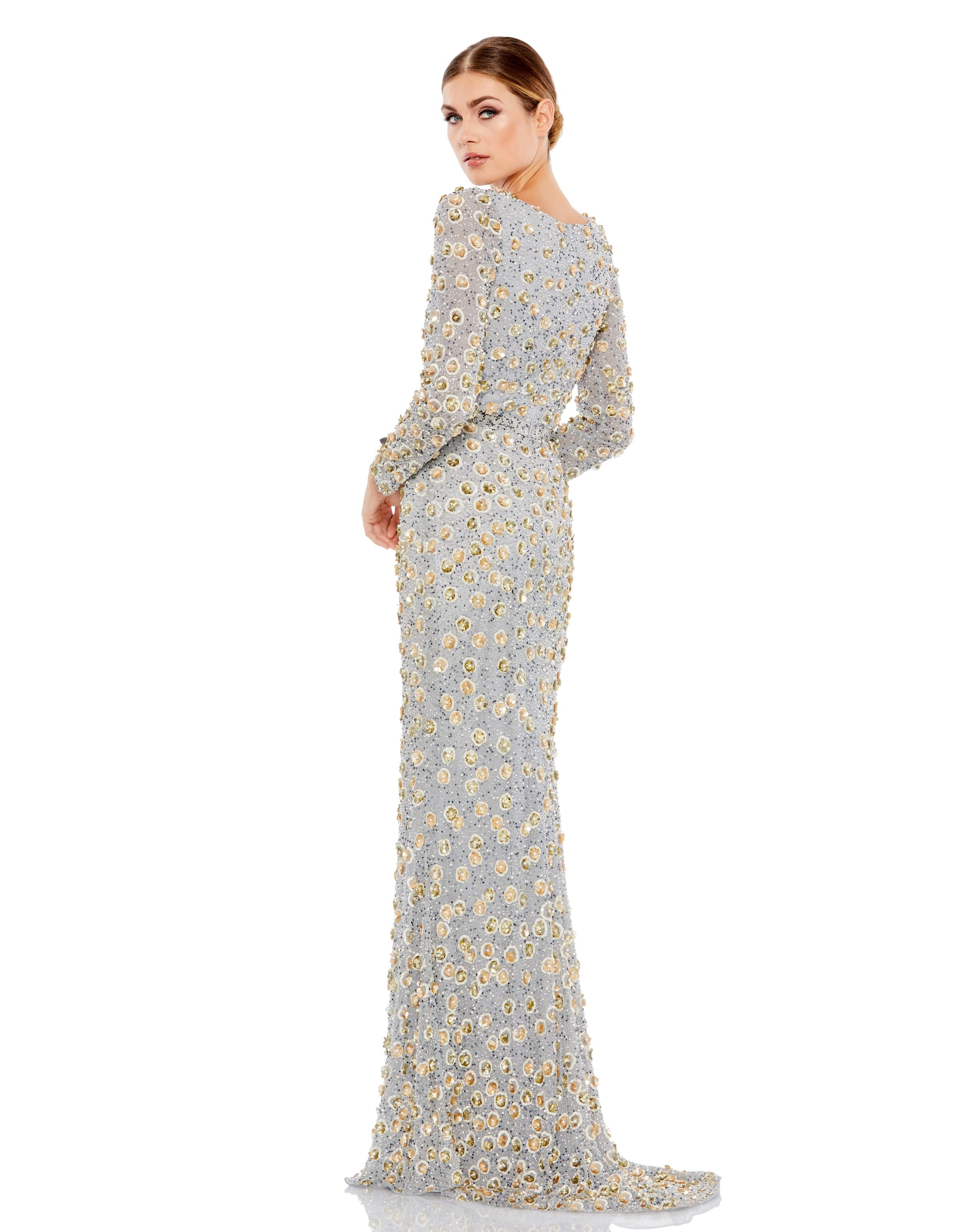 Embellished Long Sleeve High Neck Gown