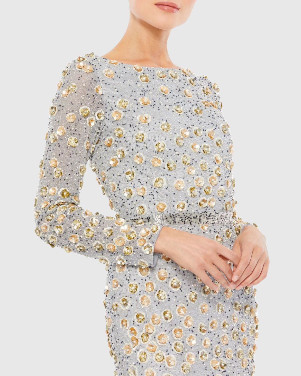 Embellished Long Sleeve High Neck Gown