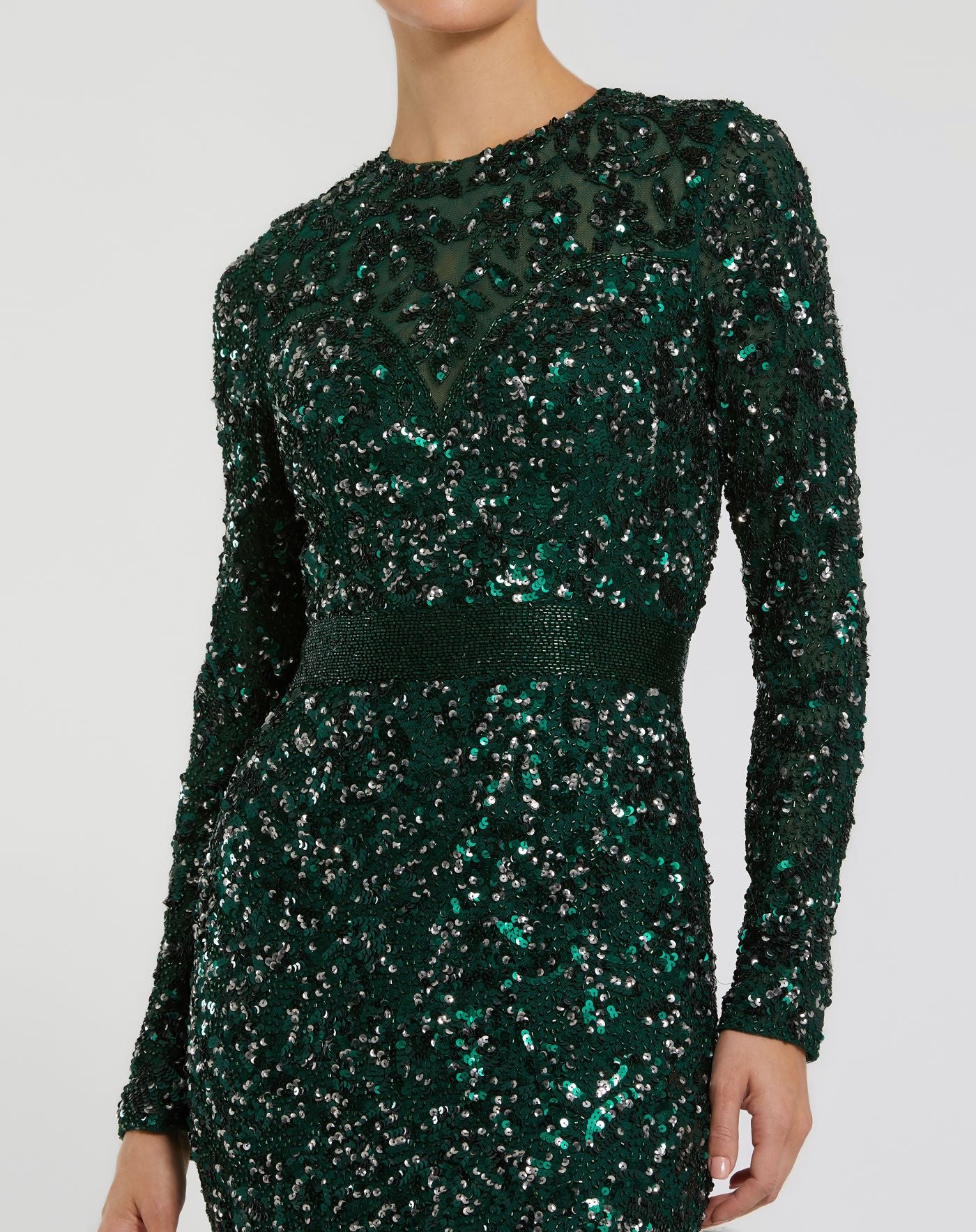 Mac Duggal - Green Hand Embellished Long Sleeve Gown - Forest Green / US 10 Mac Duggal - Green Hand Embellished Long Sleeve Gown - Forest Green / US 10