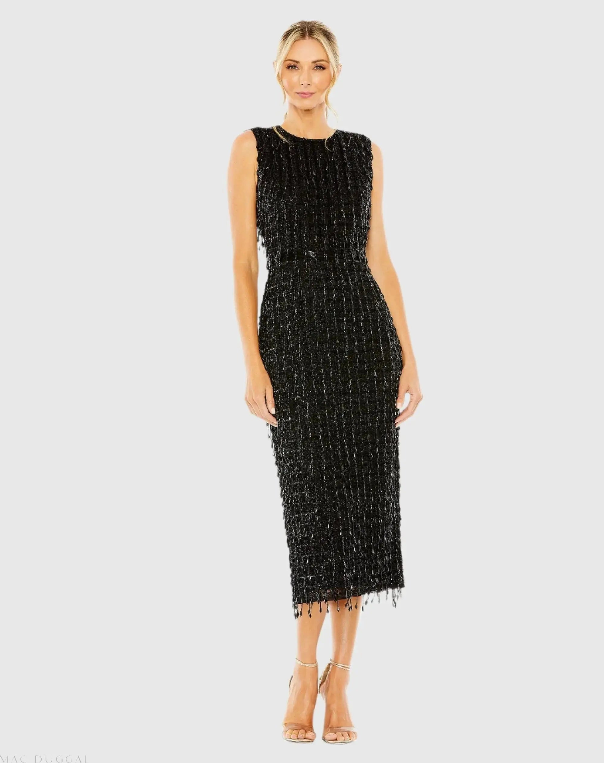 Mac Duggal - Sleeveless High Neck Beaded Midi Sheath Dress