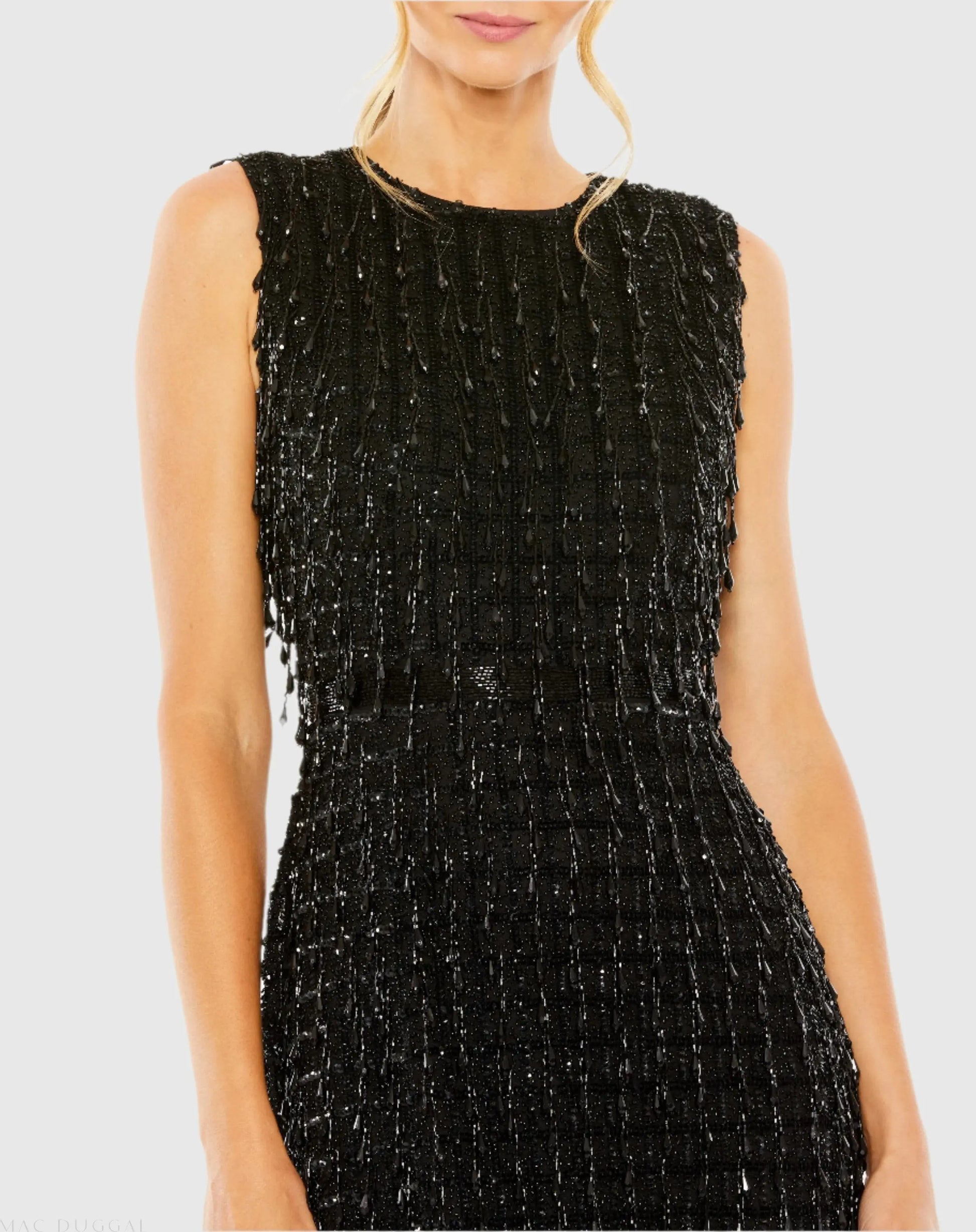 Black Sleeveless High Neck Beaded Midi Sheath Dress - Mac Duggal US 2 Black Sleeveless High Neck Beaded Midi Sheath Dress - Mac Duggal US 2