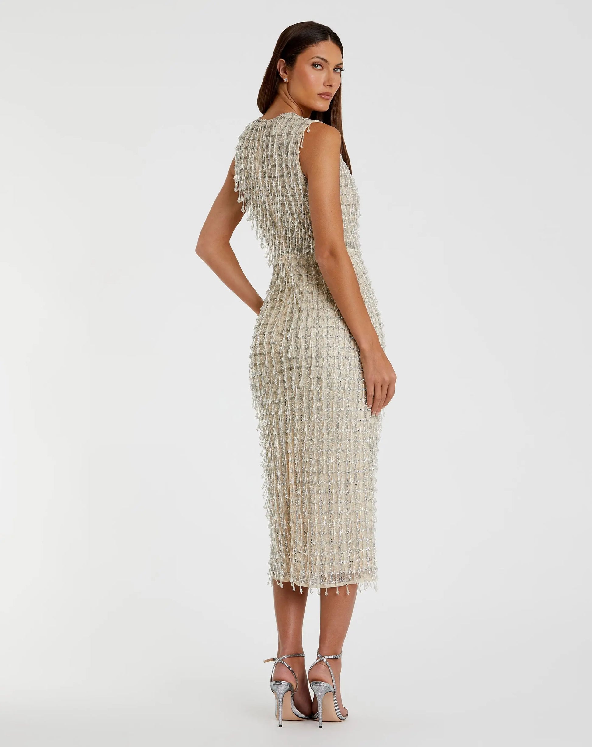 Beige Sleeveless High Neck Beaded Midi Sheath Dress - Mac Duggal US 8 Beige Sleeveless High Neck Beaded Midi Sheath Dress - Mac Duggal US 8