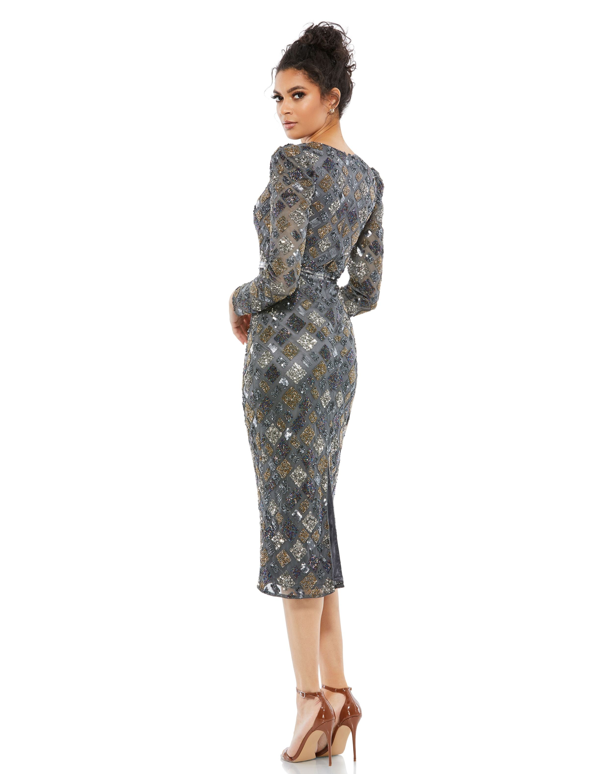 Long Sleeve Geometric Sequin Midi Dress