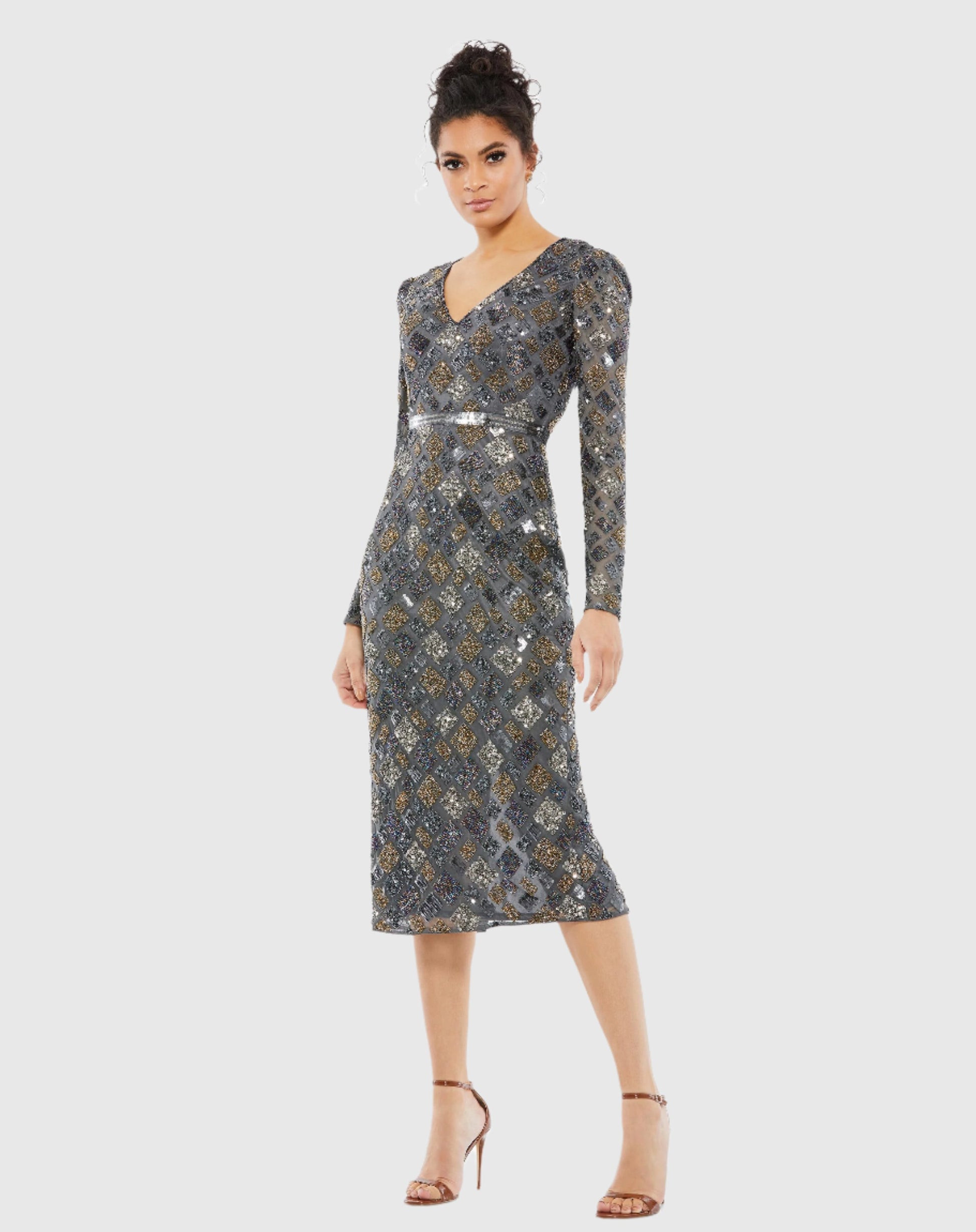 Long Sleeve Geometric Sequin Midi Dress