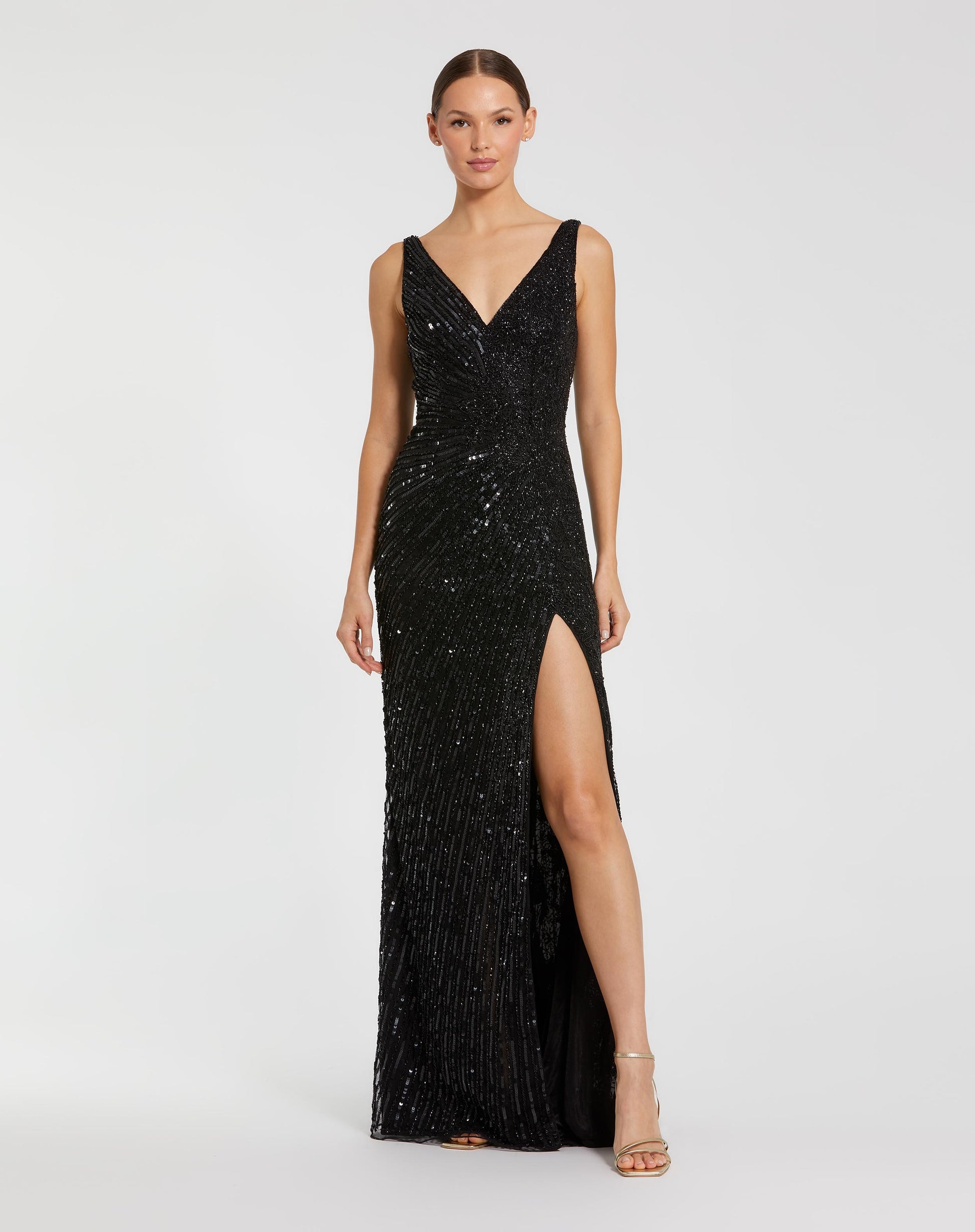 Black Beaded Floral Sleeveless Gown Mac Duggal