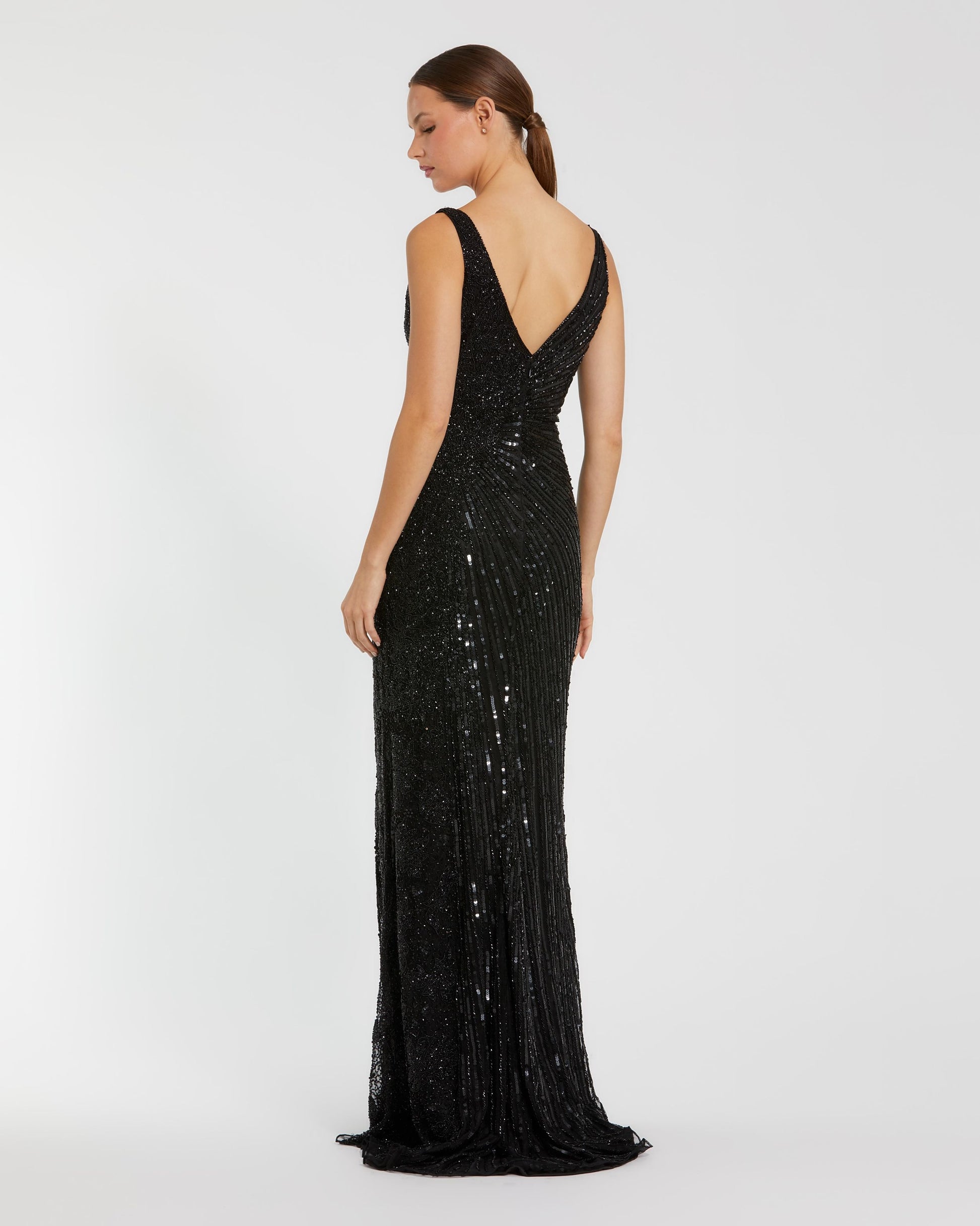 Black Beaded Floral Sleeveless Gown Mac Duggal
