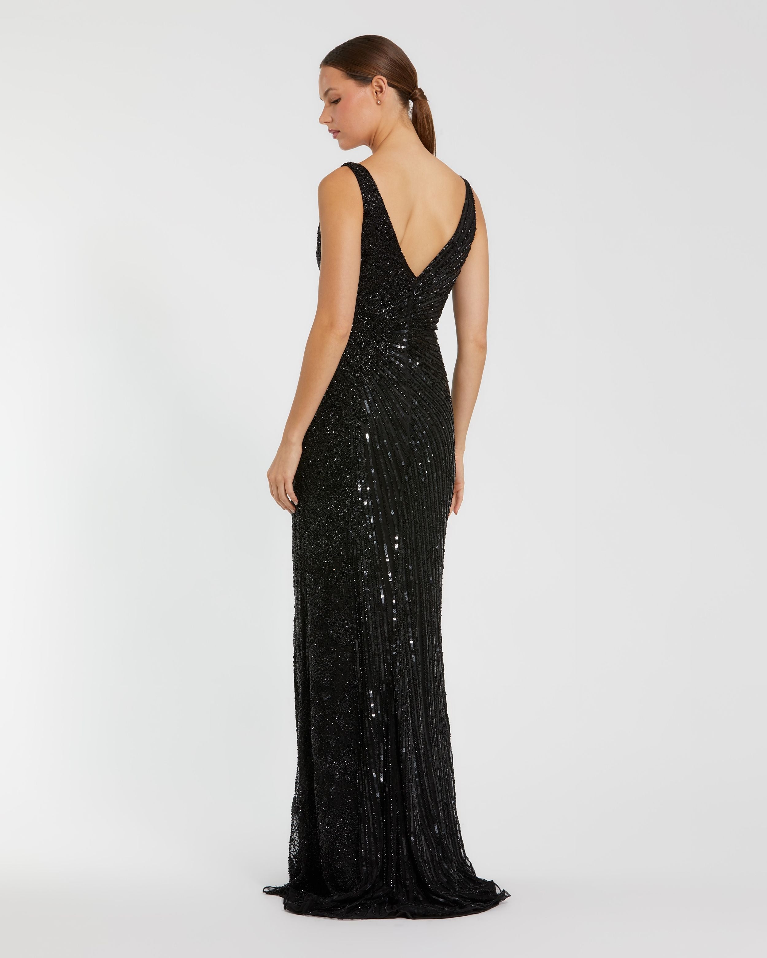 Black Beaded Floral Sleeveless Gown Mac Duggal