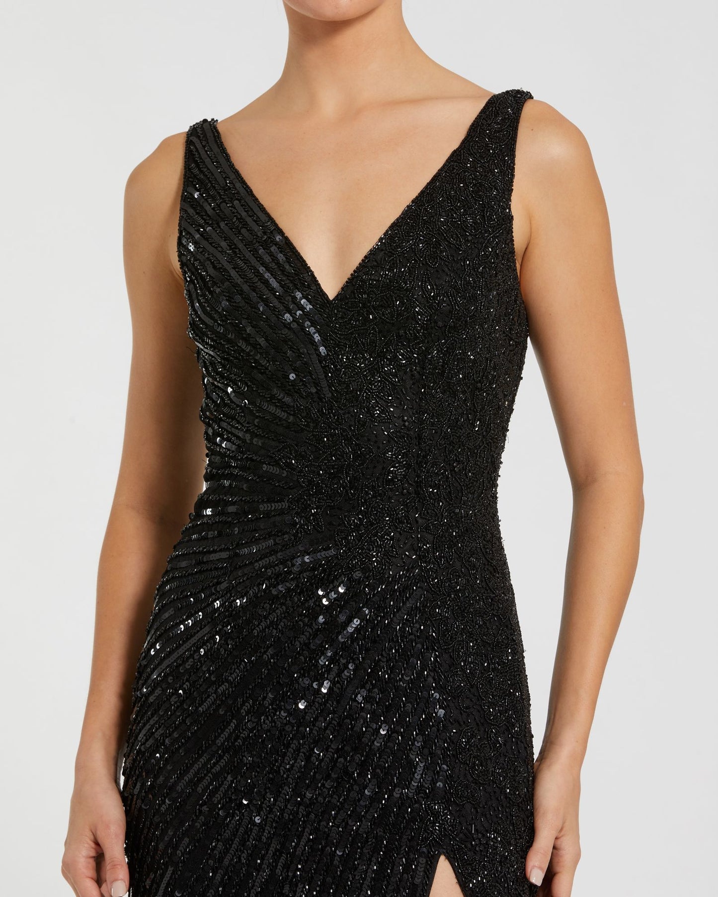 Black Beaded Floral Sleeveless Gown Mac Duggal