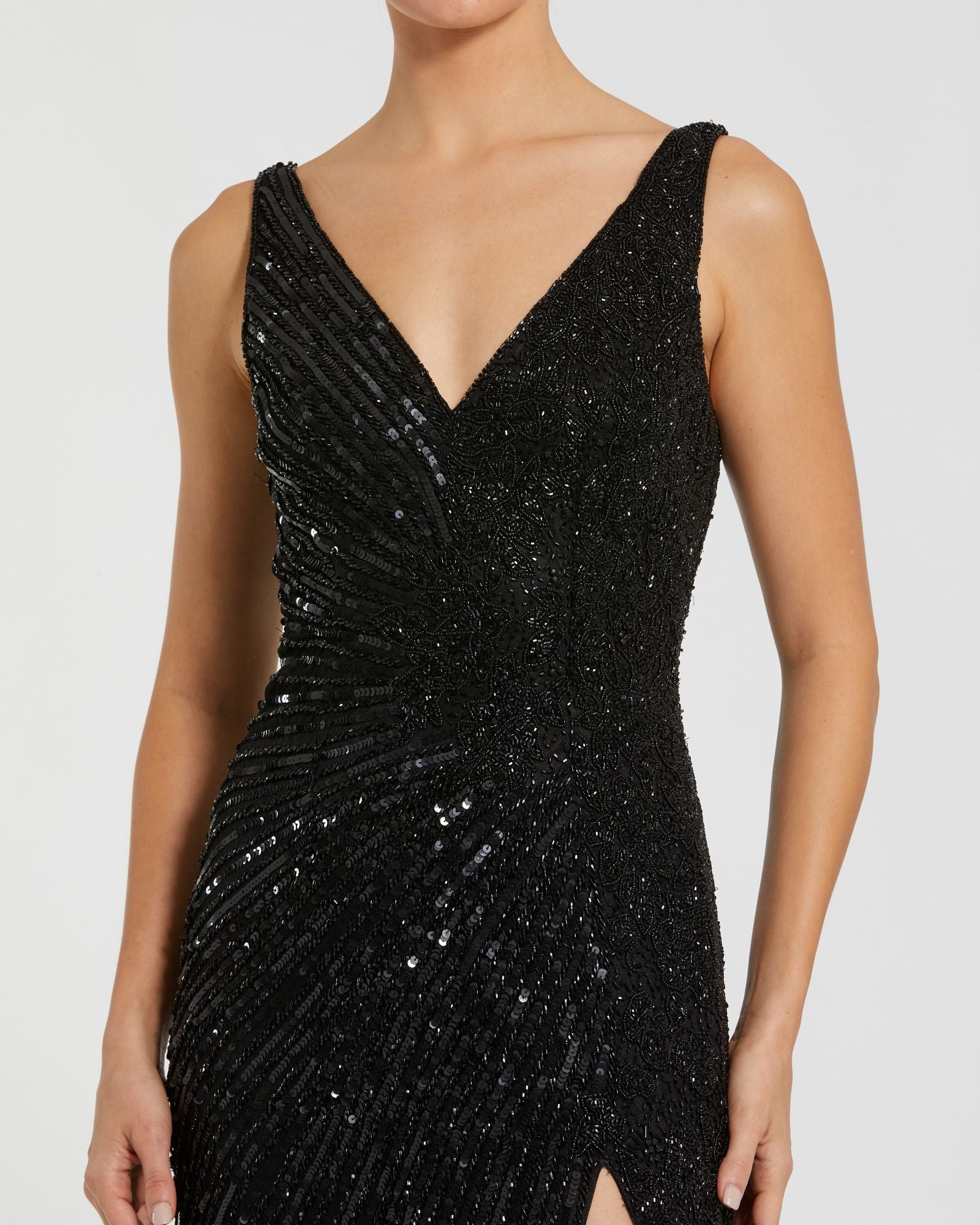 Black Beaded Floral Sleeveless Gown Mac Duggal