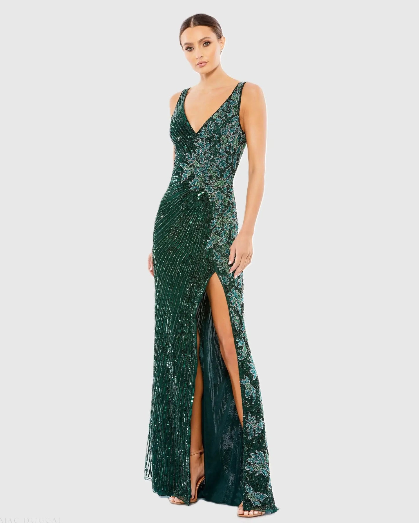 Green Beaded Floral Sleeveless Gown - Mac Duggal