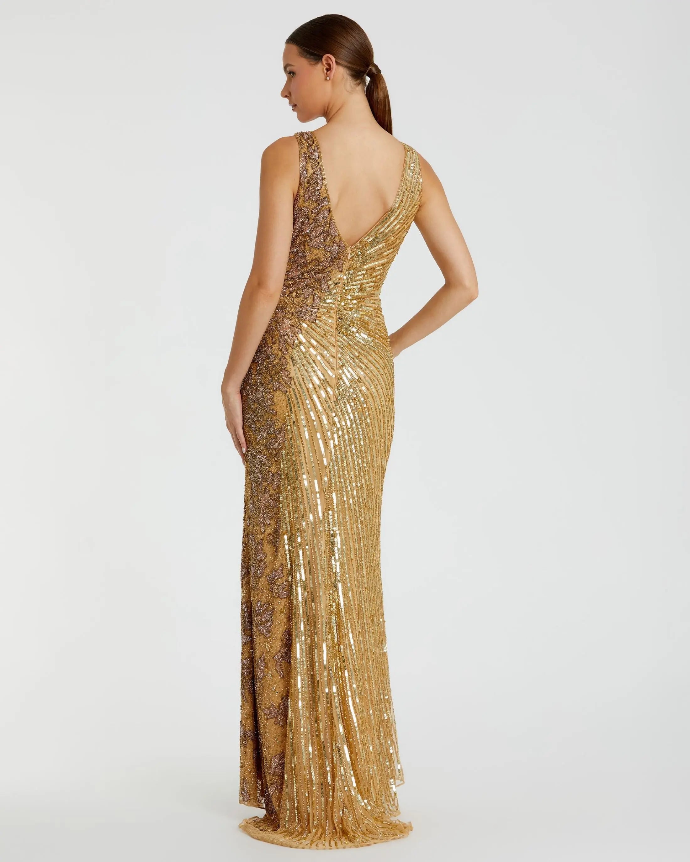Gold Beaded Floral Sleeveless Gown - Mac Duggal