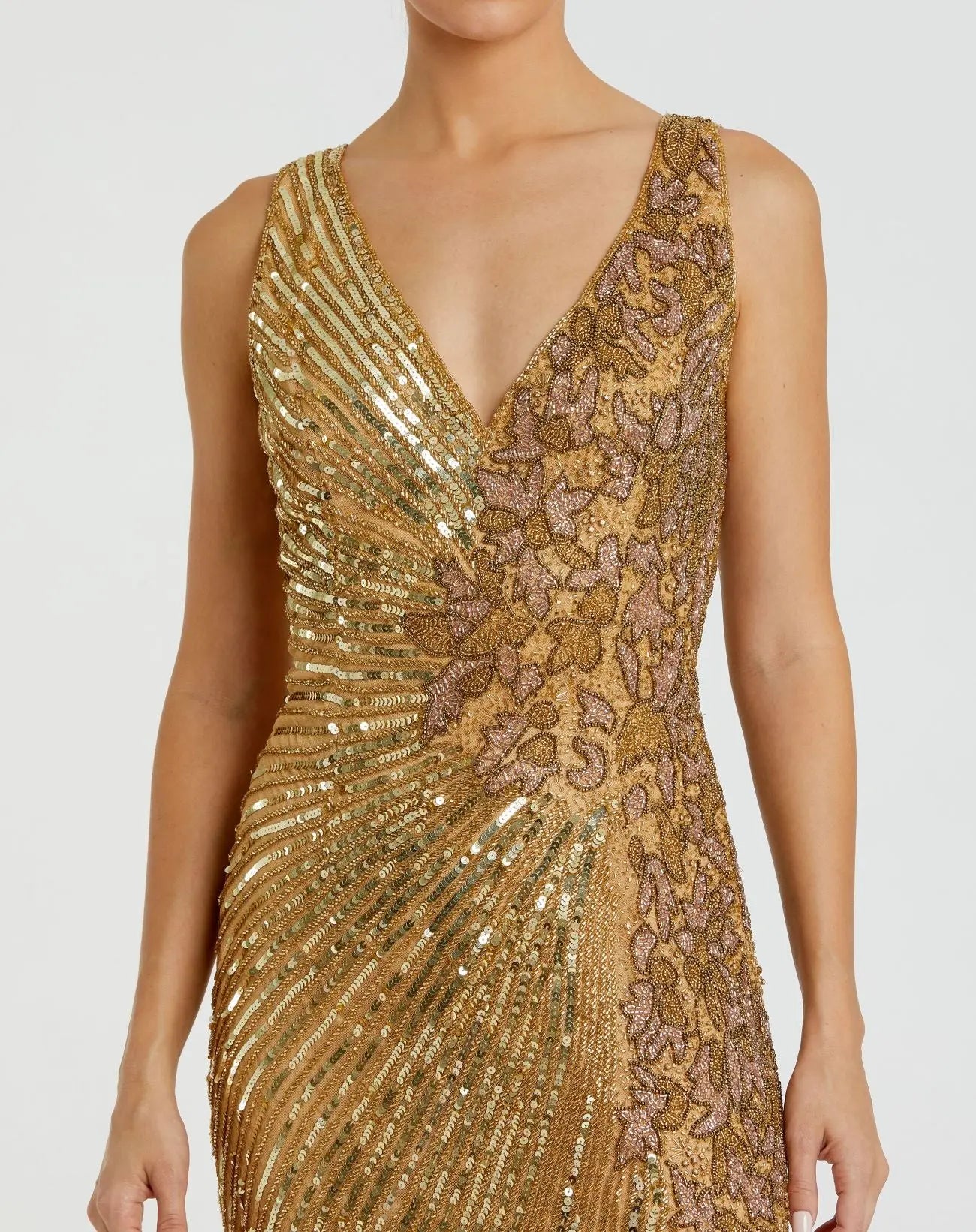 Gold Beaded Floral Sleeveless Gown - Mac Duggal