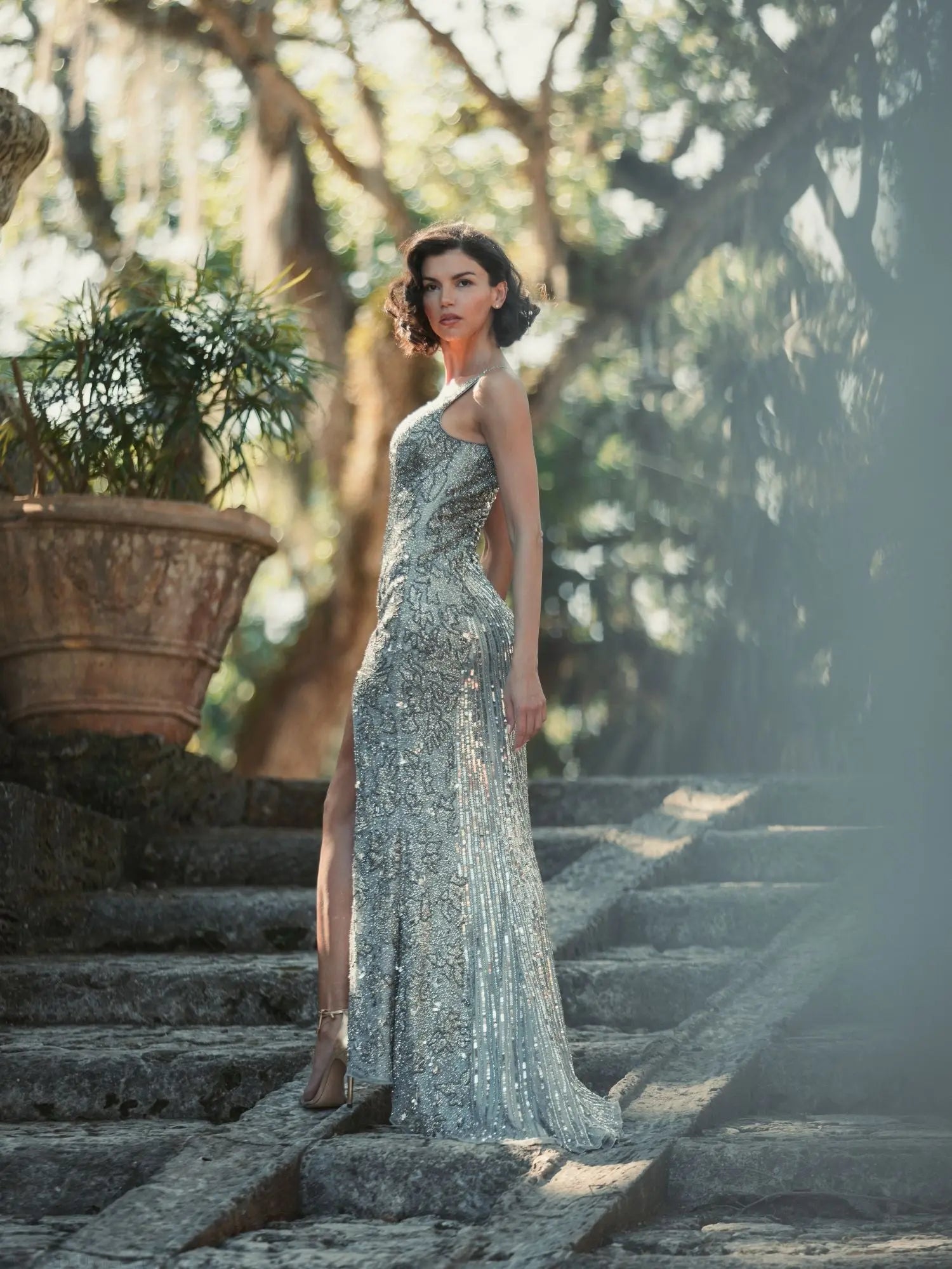 Silver Beaded Floral Sleeveless Gown - Mac Duggal