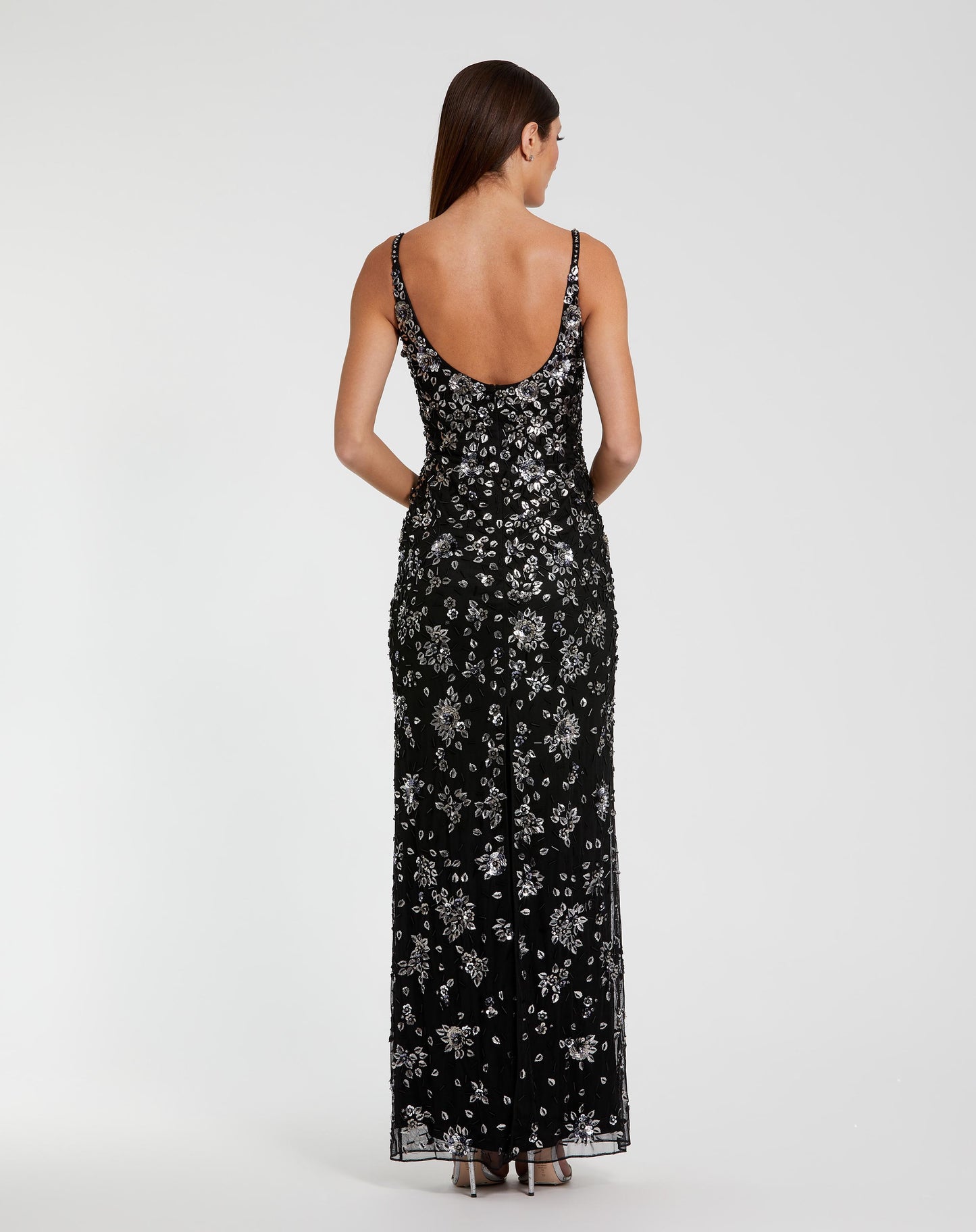 Black Floral Embellished Scoop Neck Evening Gown - Mac Duggal