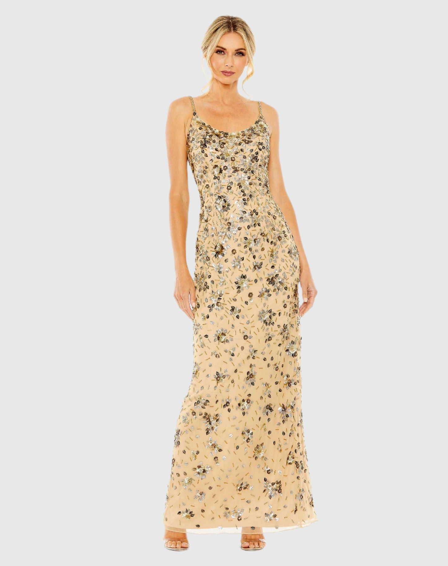 Floral Embellished Scoop Neck Evening Gown