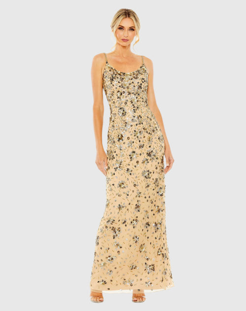 Floral Embellished Scoop Neck Evening Gown